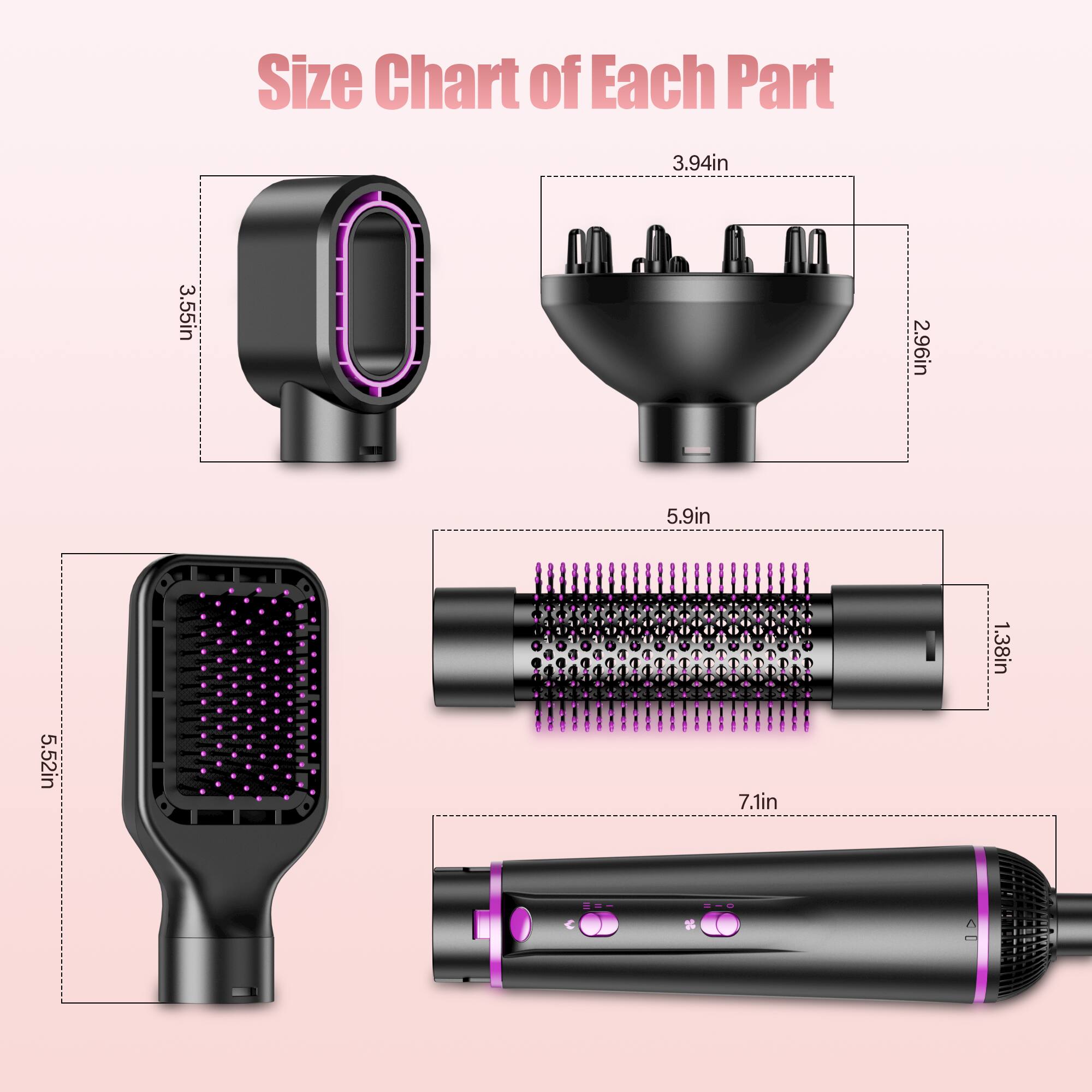 Size Chart of Each Part
- 3.94in
- 3.55in
- 2.96in
- 5.9in
- 1.38in
- 5.52in
- 7.1in