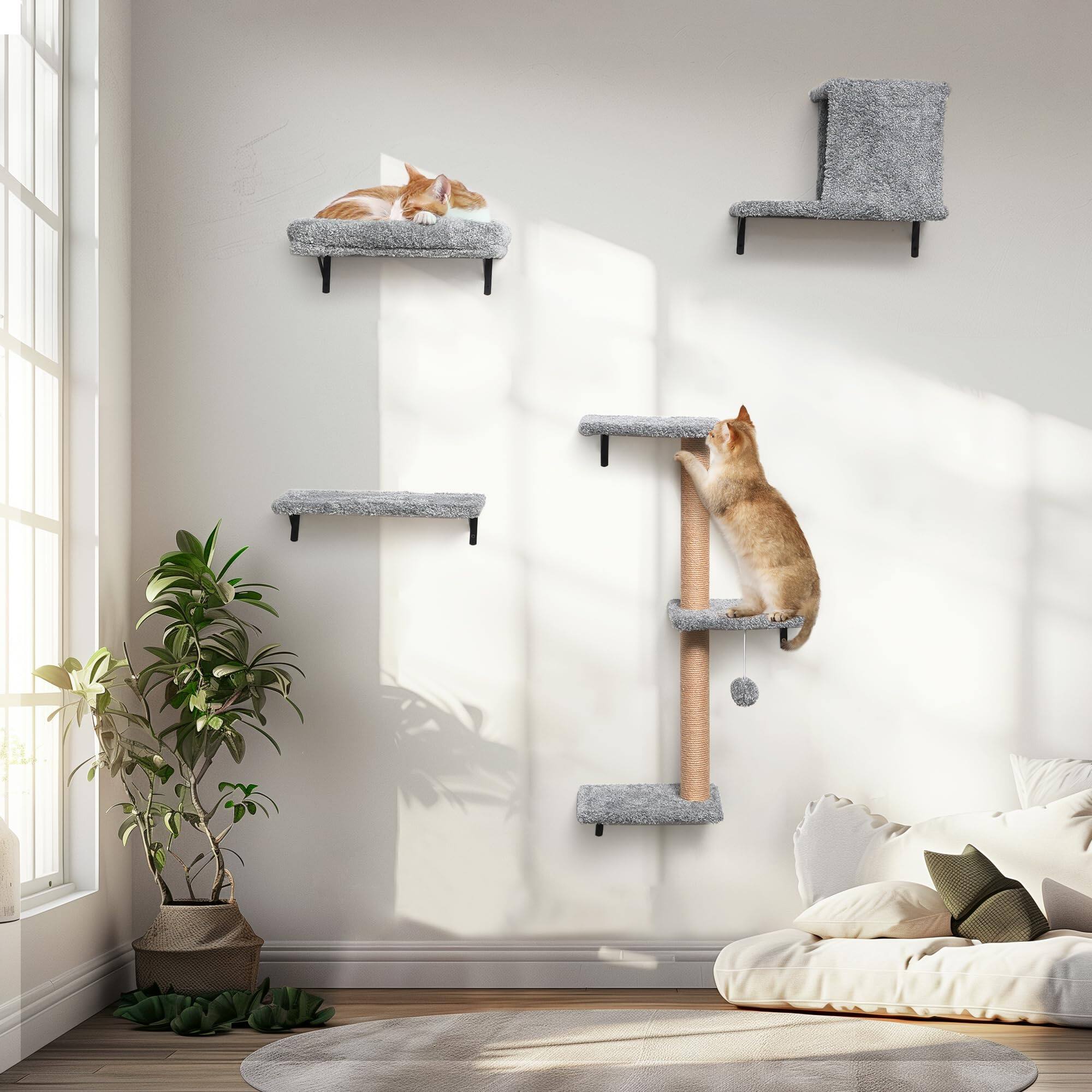 Angle. Hirose Alice - Cat Wall Shelves Stable & Safe 1 Furniture Wooden Climbing With For Drywall - Light Gray (with no hammock).