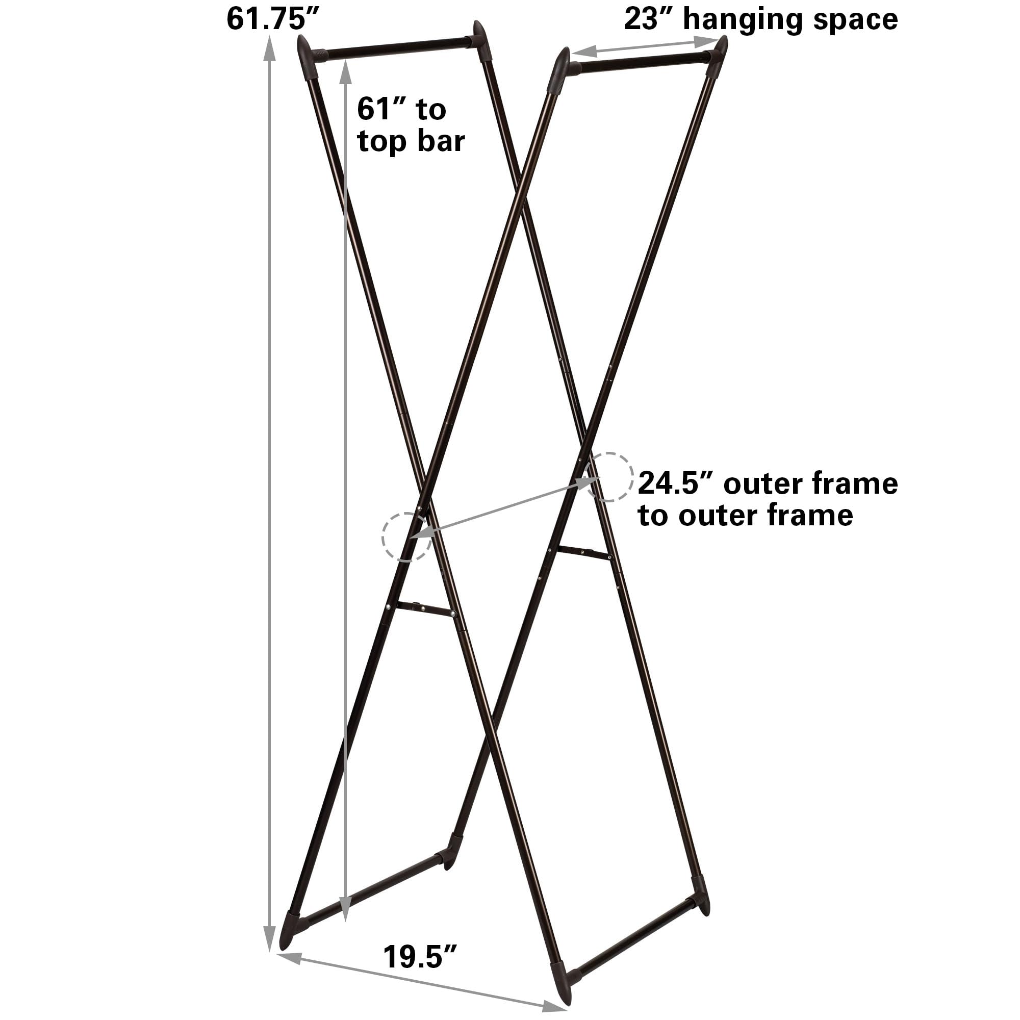 61.75"  
23" hanging space  
61" to top bar  
24.5" outer frame to outer frame  
19.5"
