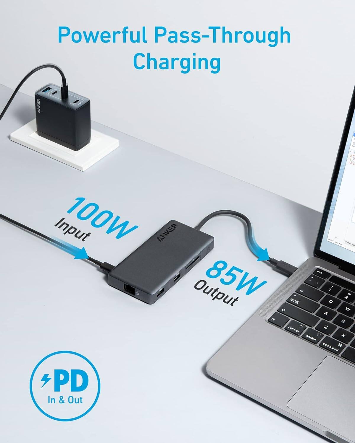 Powerful Pass-Through Charging  
ANKER  
Input 100W  
Output 85W  
PD In & Out