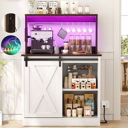 Aheaplus - Farmhouse Bar Cabinet with Power Outlets, Coffee Bar with LED Lighting, Shelves, and Sliding Barn Door - White & Brown