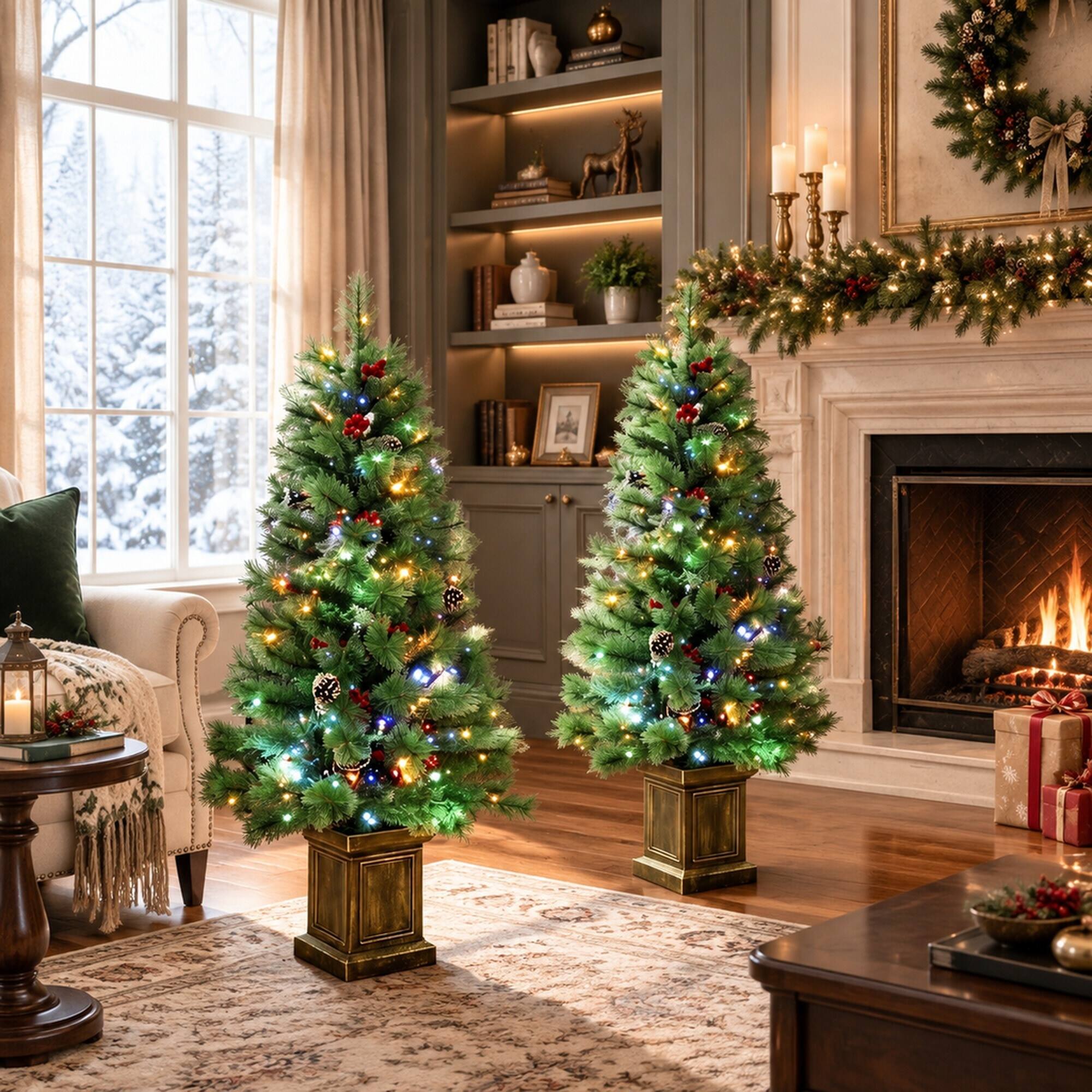 Left. RYHNUYNE - 4FT Pre-Lit Green Pine Christmas Tree Set of 2 With Dual-Color LED Lights and Remote Control - Green.