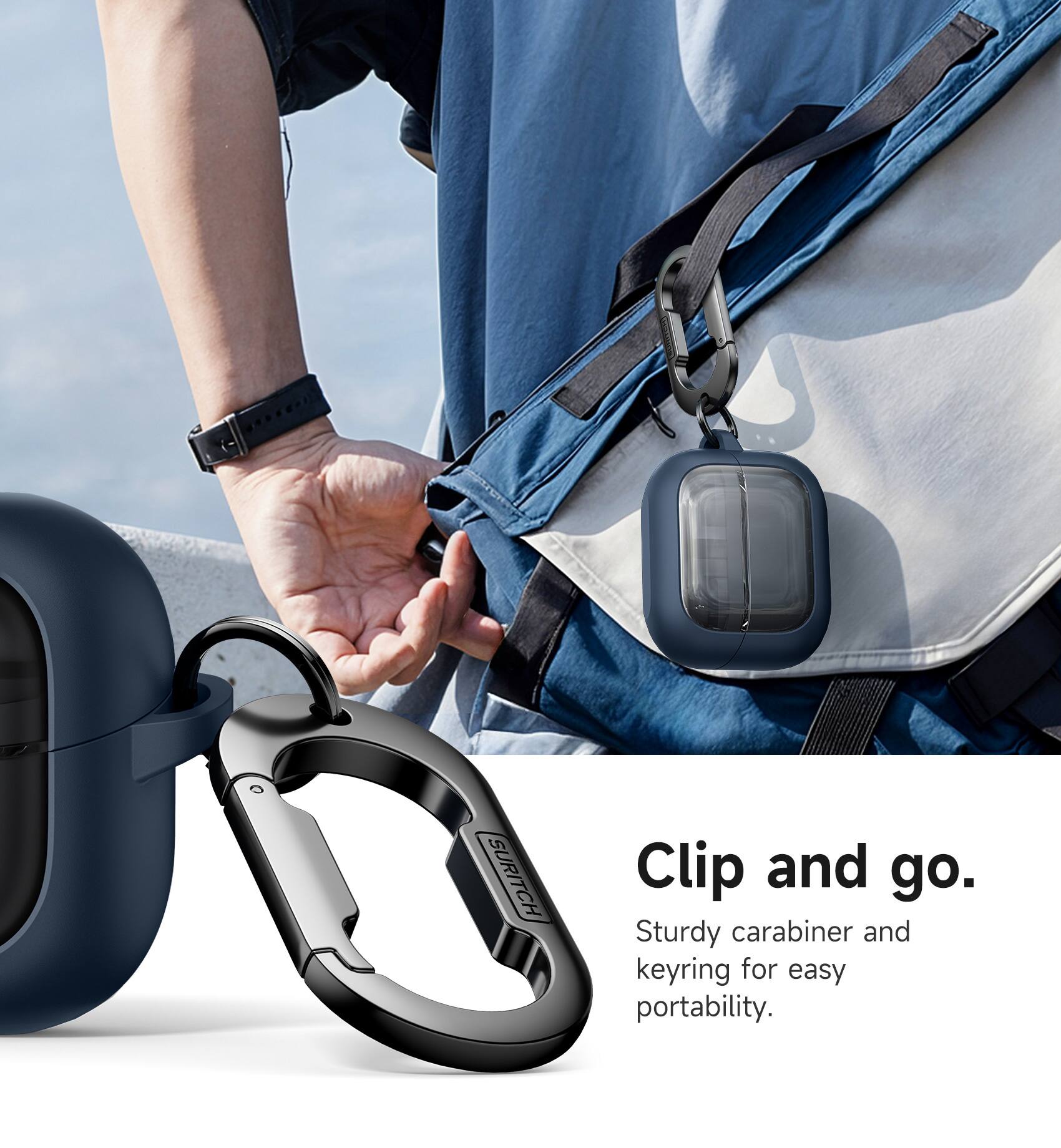 SURITCH Clip and go. Sturdy carabiner and keyring for easy portability.
