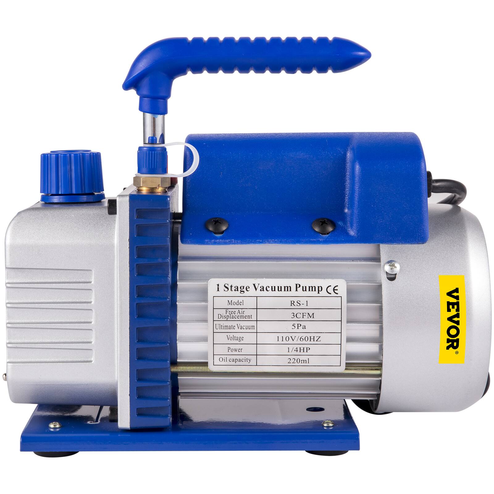 1 Stage Vacuum Pump CE  
Model: RS-1  
Free Air Displacement: 3CFM  
Ultimate Vacuum: 5Pa  
Voltage: 110V/60Hz  
Power: 1/4HP  
Oil capacity: 220ml  
VEVOR