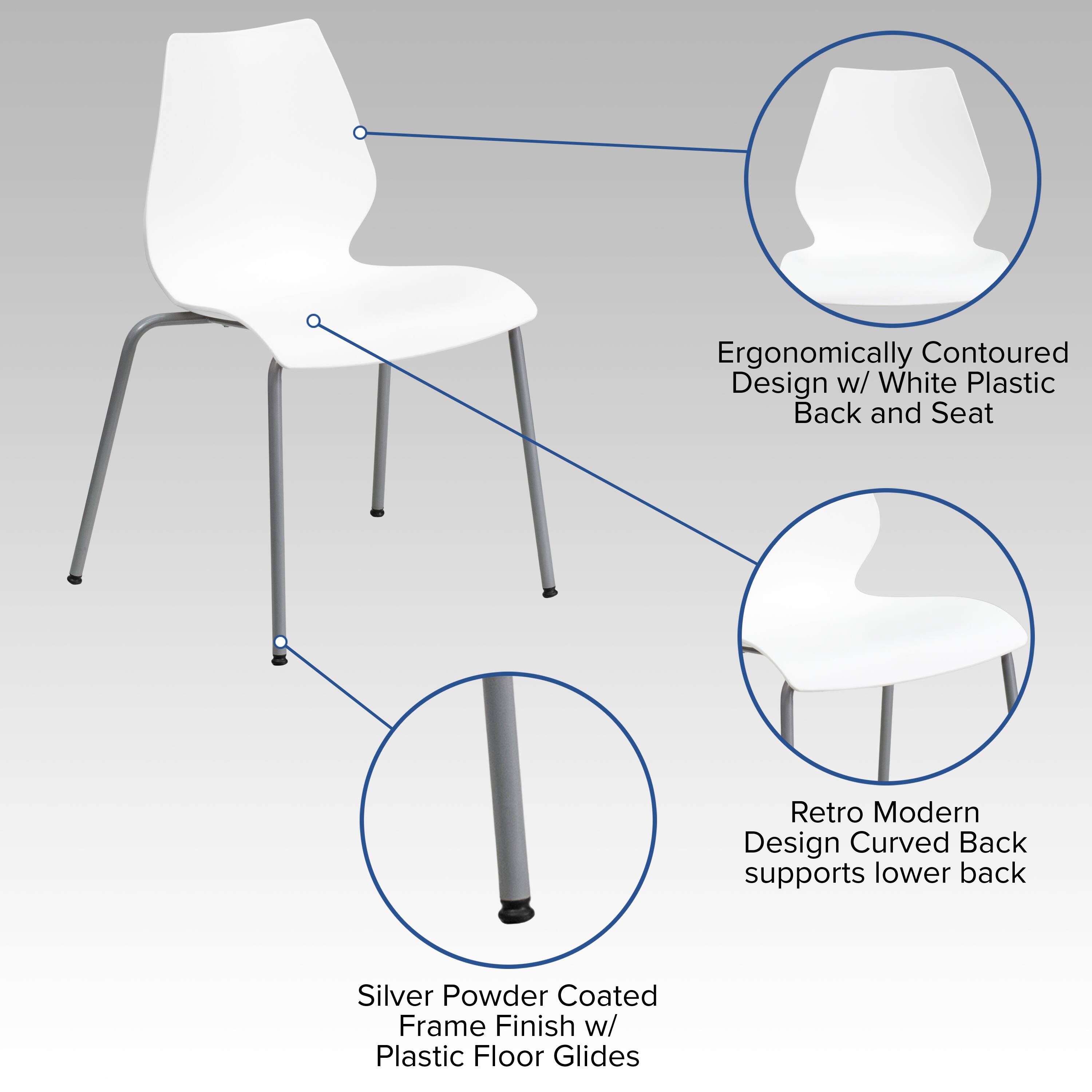 Ergonomically Contoured Design w/ White Plastic Back and Seat  
Retro Modern Design Curved Back supports lower back  
Silver Powder Coated Frame Finish w/ Plastic Floor Glides