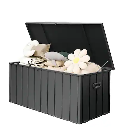 Front. HOMLUX - Metal Deck Box Steel Outdoor Box Storage Cabinet Storage Bench for Porch Package Pool Tools Backyard Grey - Gray.