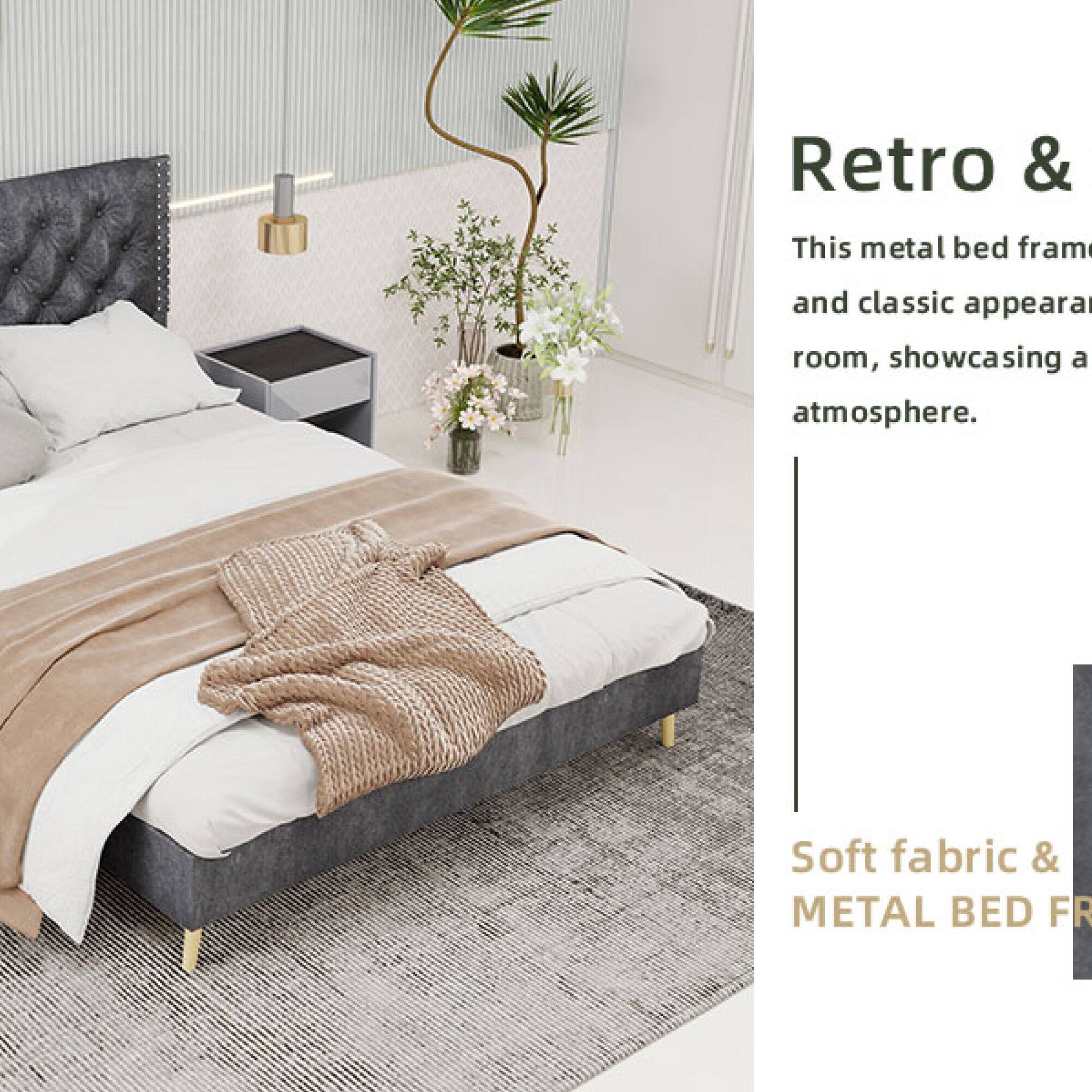Retro & This metal bed frame and classic appearance room, showcasing a atmosphere. Soft fabric & METAL BED FR