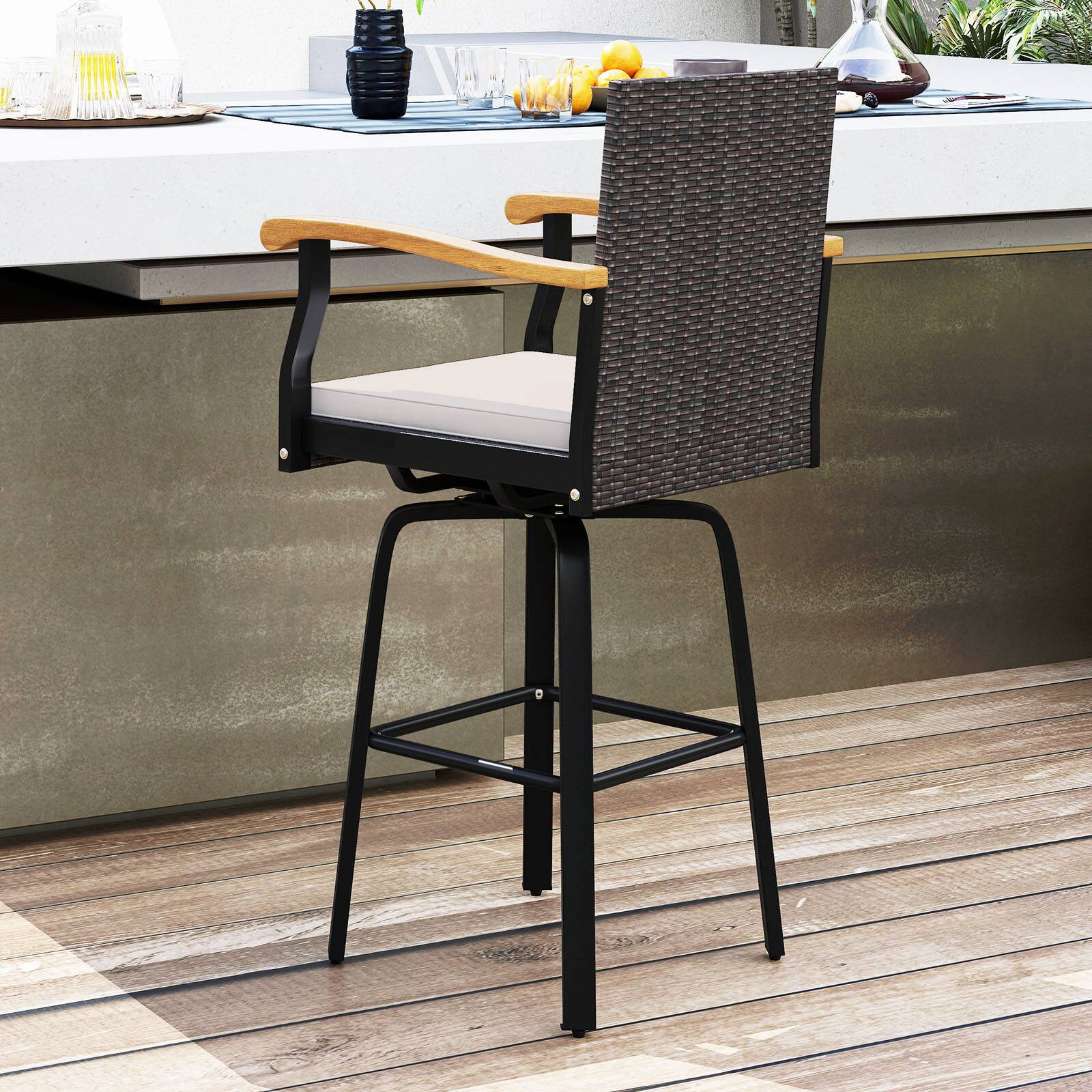 Alt View 4. Gymax - Gymax 2PCS 29'' Outdoor 360-Degree Swivel Bar Stool w/Cushion Acacia Wood Armrests Footrest Mix Brown & Off White - Brown.