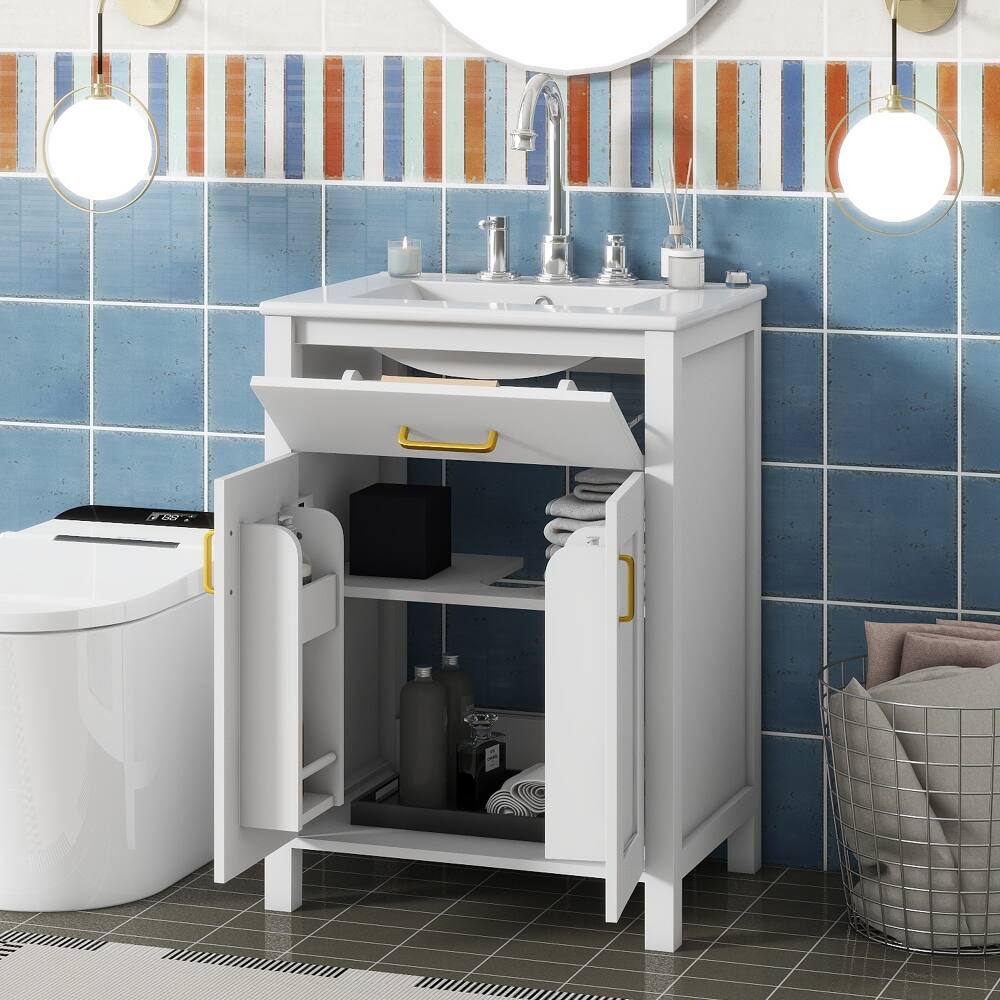 Front. Loheer - Loheer 24 inch bathroom vanity with sink White Freestanding Cabinet with Gold Hardware - White.
