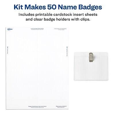 Kit Makes 50 Name Badges  
Includes printable cardstock insert sheets and clear badge holders with clips.  

AVERY