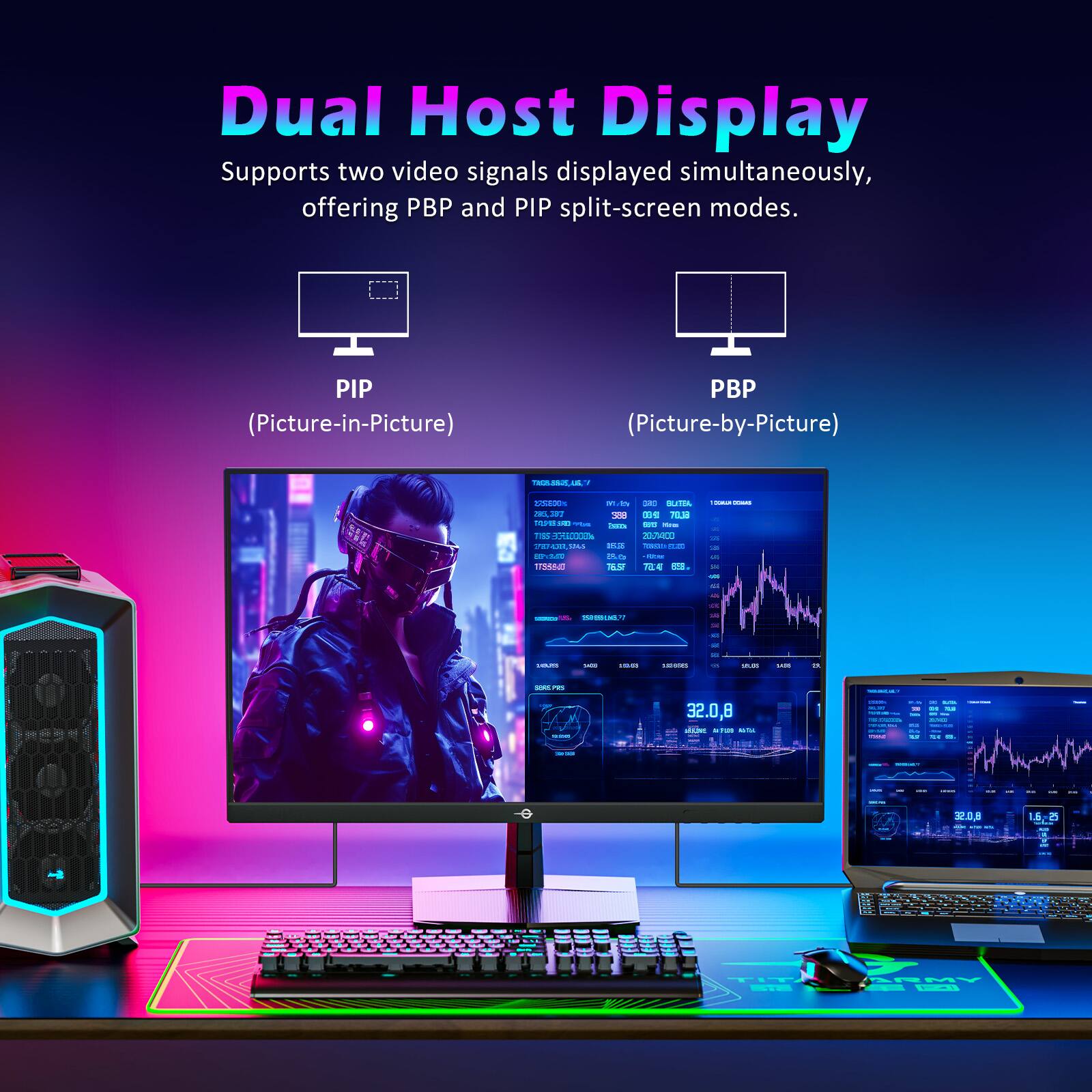 Dual Host Display  
Supports two video signals displayed simultaneously, offering PBP and PIP split-screen modes.

PIP (Picture-in-Picture)  
PBP (Picture-by-Picture)