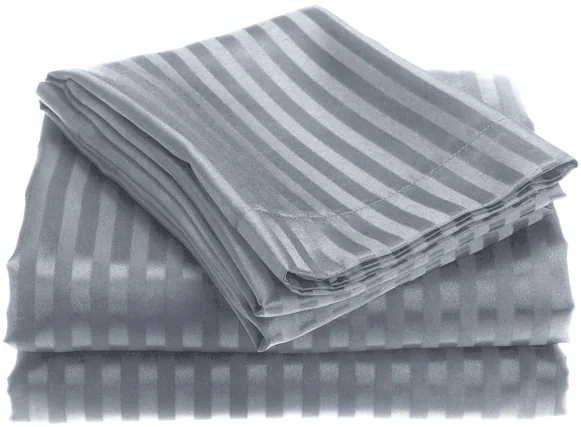 Front. Plazatex - 1800 Series Embossed Striped Wrinkle Resistant Sheet 4pc Set Queen - Grey - Grey.