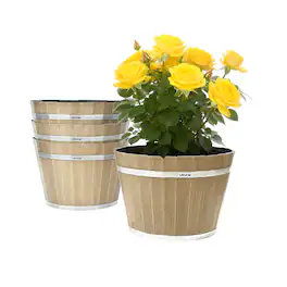 VEVOR - Plant Pots, 4 Pack 11.81 inch Whiskey Barrel Planters with Drainage Holes, Large Outside Plastic Decoration Flower Pot - Light Wood Grain