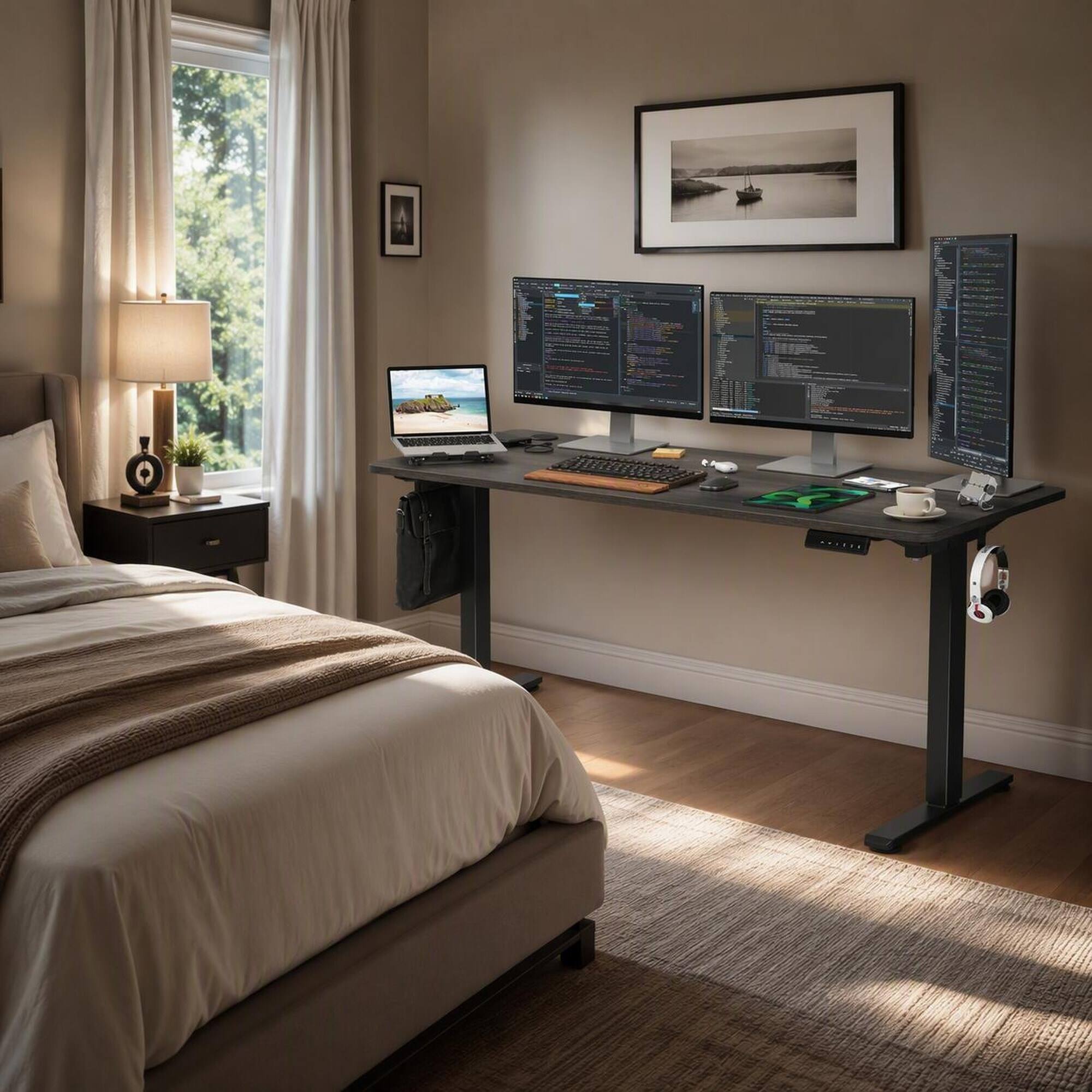 Left. RYHNUYNE - STARY Electric Standing Desk, 40 x 24 inch Carbon Steel Adjustable Height Home Office Sit Stand Desk, Splice Board - Walnut.