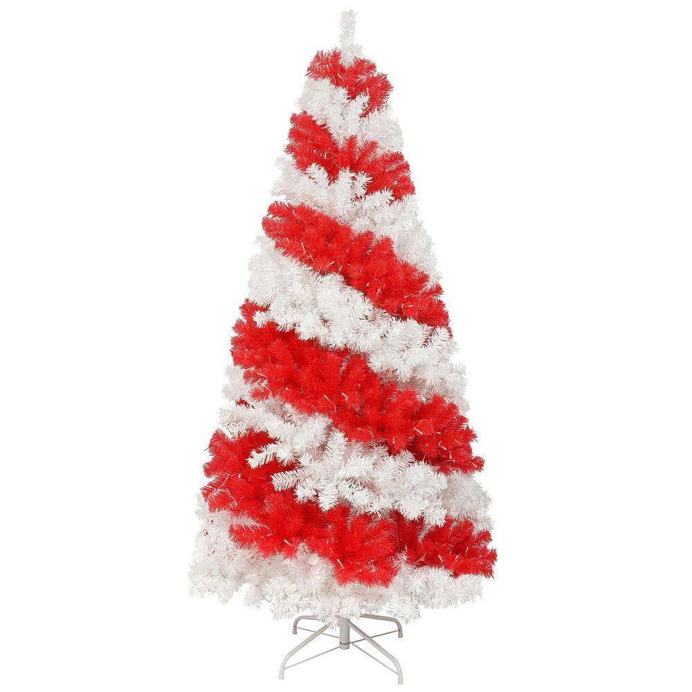 Alt View 5. Resenkos - 6ft Pre-Lit Artificial Christmas Tree, Candy Cane Themed with 900 Bendable Branches and 300 LEDs, Red and White - Red.