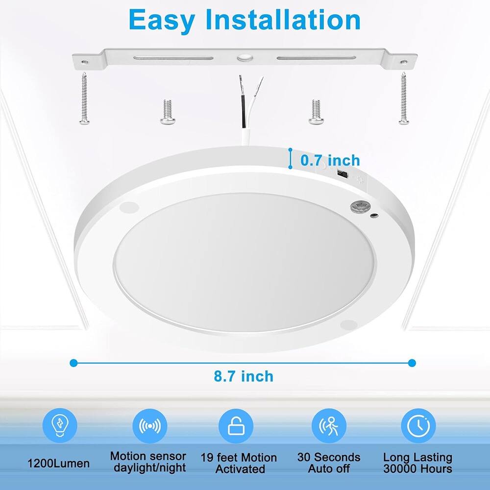 Easy Installation

- 0.7 inch
- 8.7 inch

- 1200Lumen
- Motion sensor daylight/night
- 19 feet Motion Activated
- 30 Seconds Auto off
- Long Lasting 30000 Hours