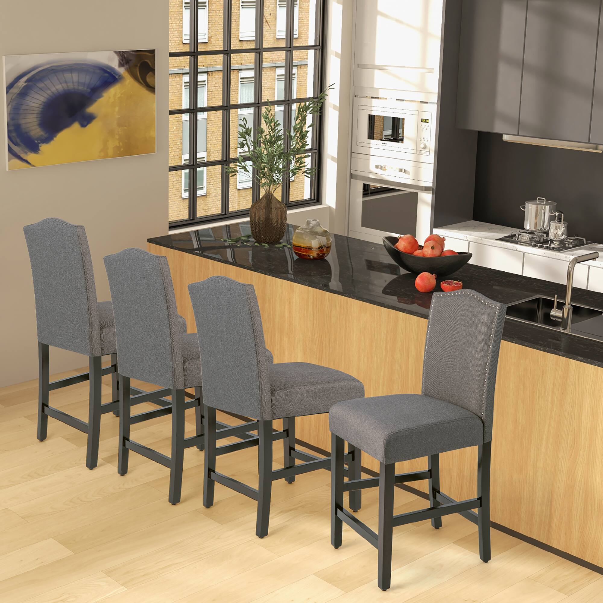 Alt View 4. Costway - Costway Set of 2 Upholstered Bar stools 25"  Counter  Height Chairs with Rubber Wood Legs - Grey.