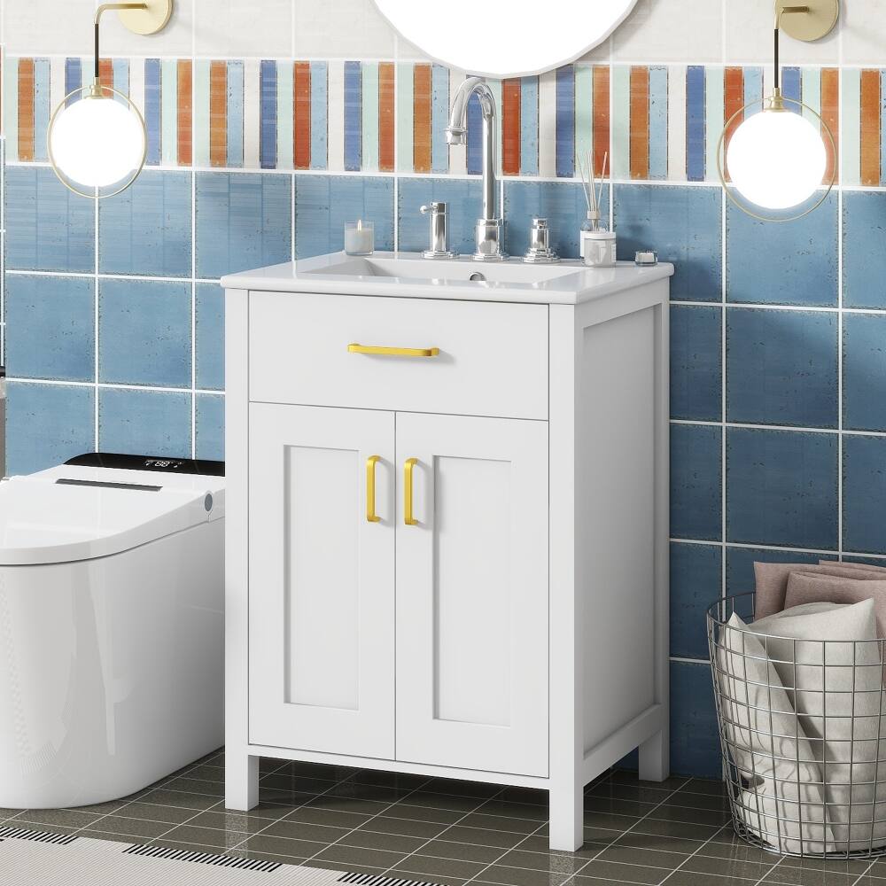 Angle. Loheer - Loheer 24 inch bathroom vanity with sink White Freestanding Cabinet with Gold Hardware - White.