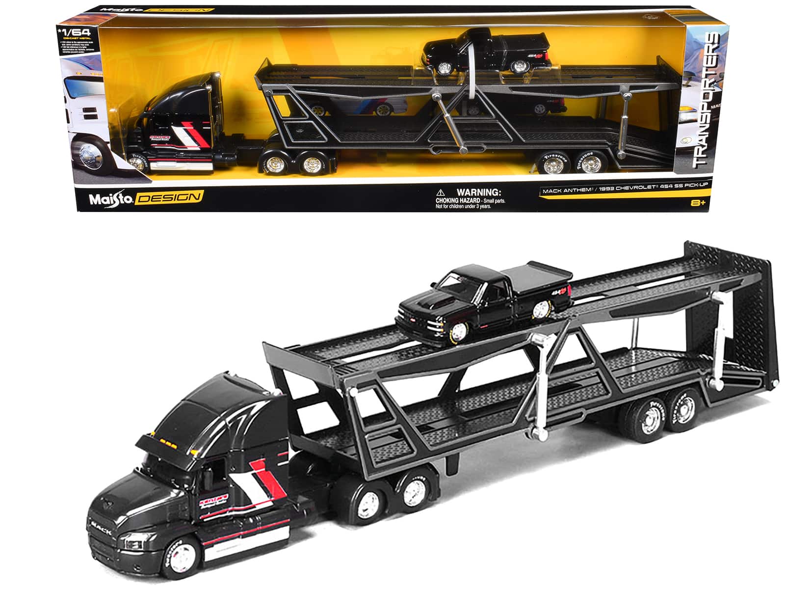 Mack Anthem Open Car Hauler Black with Red and White and 1993 Chevrolet 454 SS Truck Black 1/64 Diecast Models by Maisto price history on PriceWatchPro