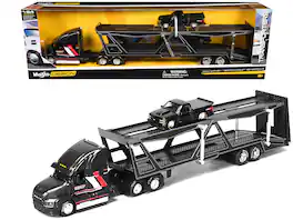 Mack Anthem Open Car Hauler Black with Red and White and 1993 Chevrolet 454 SS Truck Black 1/64 Diecast Models by Maisto