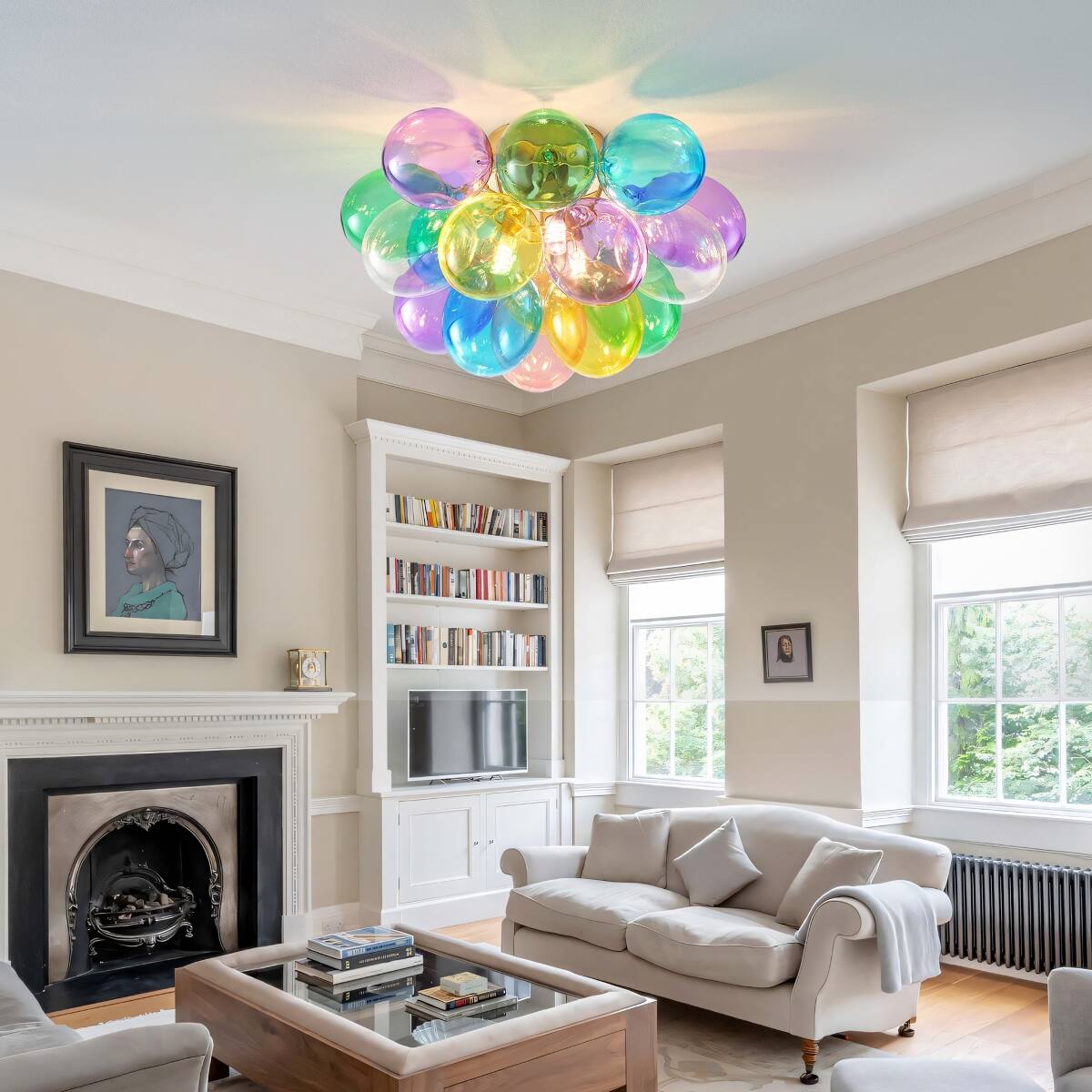 Alt View 1. Loheer - Loheer Colorful Glass Bubble Chandelier Three Light 15 Inch Flush Mount Ceiling Fixture.