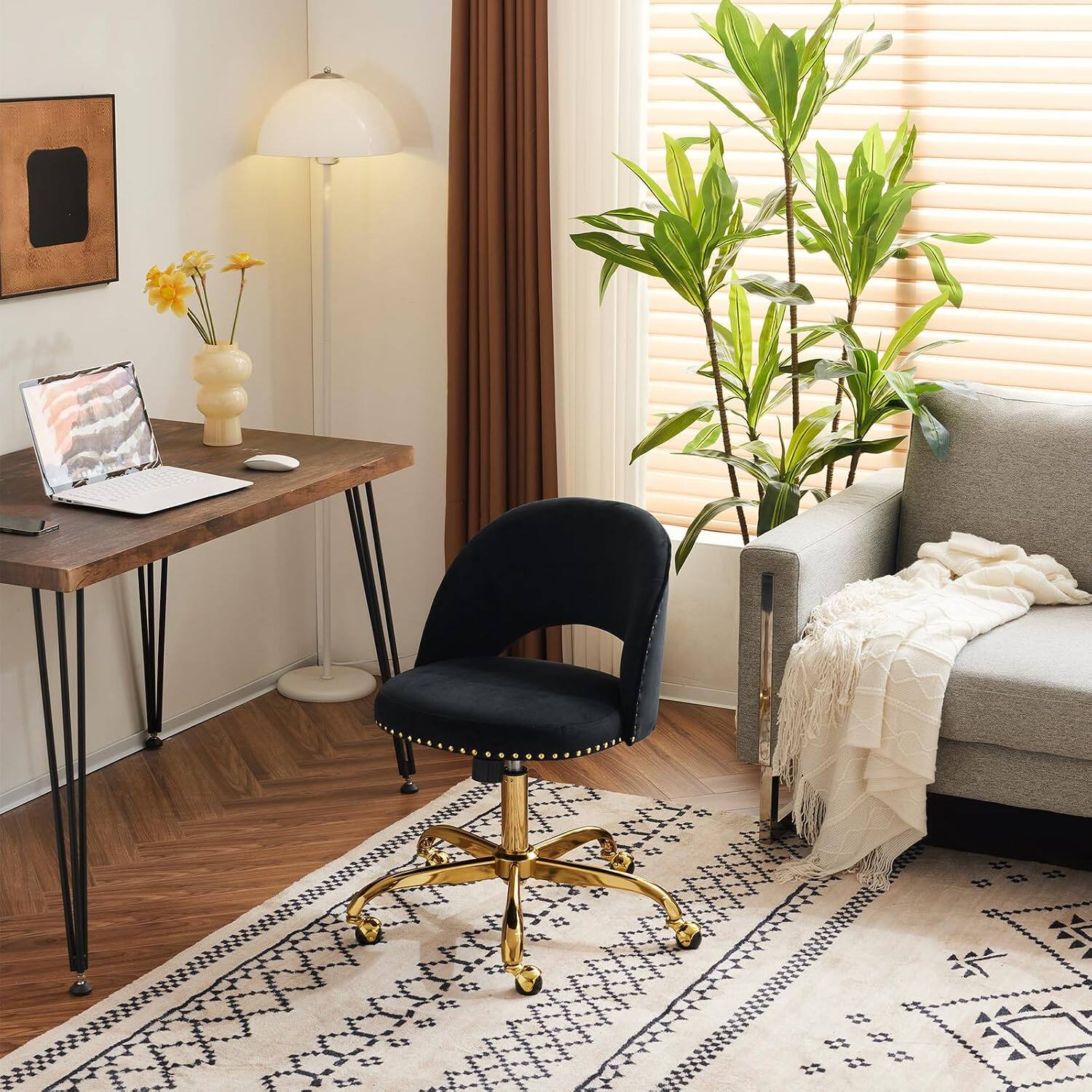 Alt View 8. Winado - Modern Velvet Cute Desk Chair with Wheels,Gold Base/Studs, Comfy Armless Swivel Vanity Task Nail Tech Chair for Bedroom - Black.