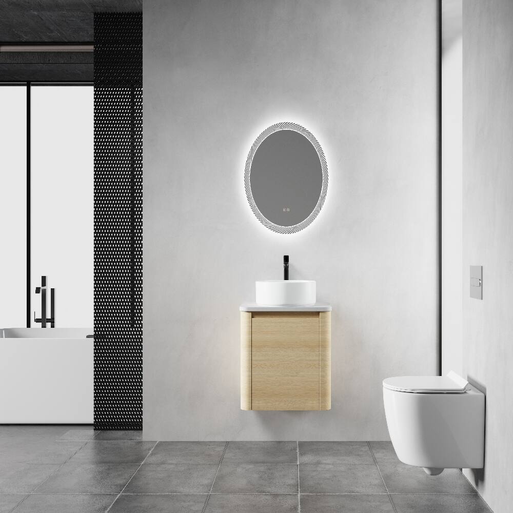 Angle. Loheer - Loheer 24 inch wall mounted bathroom vanity with ceramic art sink soft close door plywood bathroom vanity - American White Oak.
