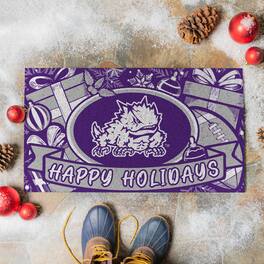 Evergreen Enterprises - TCU Horned Frogs 28" x 16" Happy Holidays Christmas Turf Door Mat - Multicolor