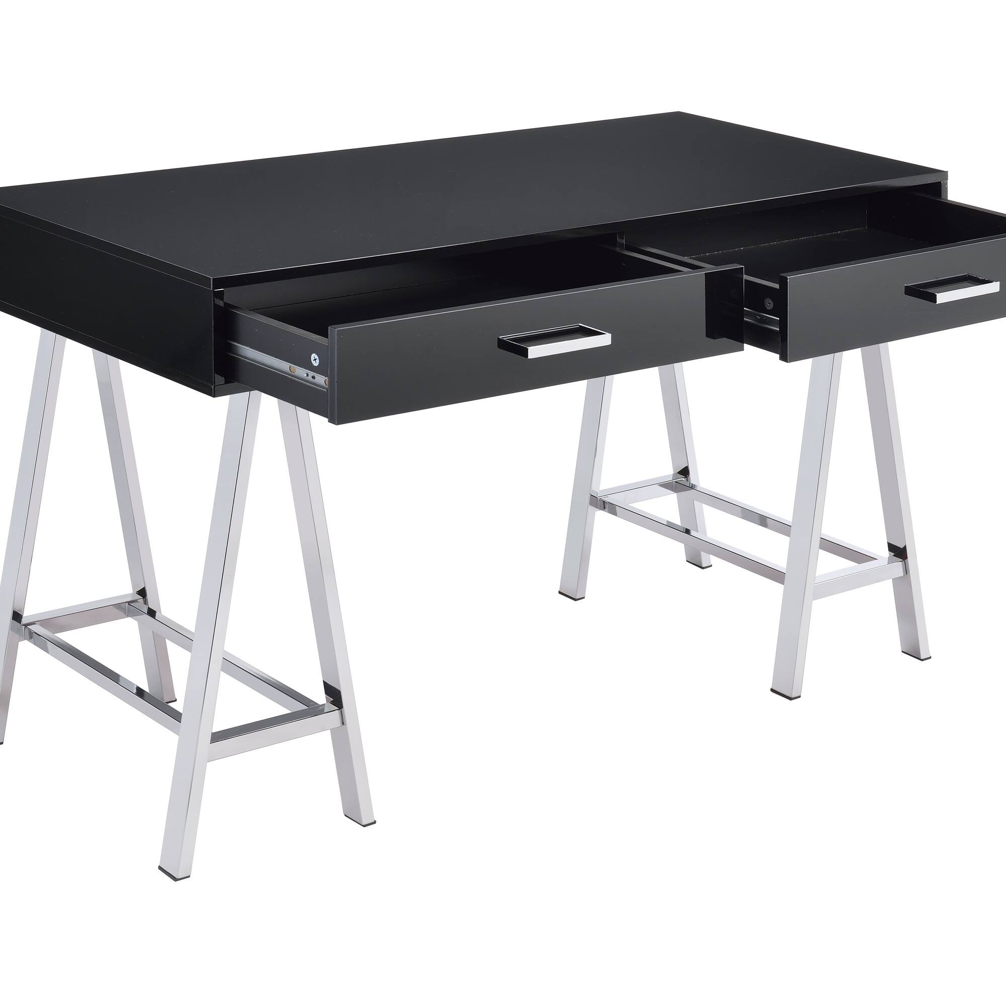 Back. GOODSILO - Modern Writing Desk with Built-in USB Charging Port and Dual Storage Drawers for Home Office - Black.