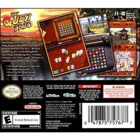 Sure, here is the corrected and grouped text from the image:

---

**THE QUEST TRIO**

Matching puzzles, quests, and a quest to save the world! Help Link, Zelda, and Ganon through a series of matching puzzles and quests. Match three or more of the same item to clear the board. Use special items to help you along the way. Play through 100 levels of puzzles and quests. Unlock 100+ achievements. Play through 100 levels of puzzles and quests. Unlock 100+ achievements.

**IMPORTANT!**

Read the instruction manual and the safety information before using this product. Keep this manual for future reference.

**ACTIVISION**

**Nintendo EVERYONE**

**E**

**Violent References**

**CONTENT RATING**

**www.nintendo.com**

**0 47875 75767 7**

**IMPORTANT!**

Read the instruction manual and the safety information before using this product. Keep this manual for future reference.

**ACTIVISION**

**Nintendo EVERYONE**

**E**

**Violent References**

**CONTENT RATING**

**www.nintendo.com**

**0 47875 75767 7**

**IMPORTANT!