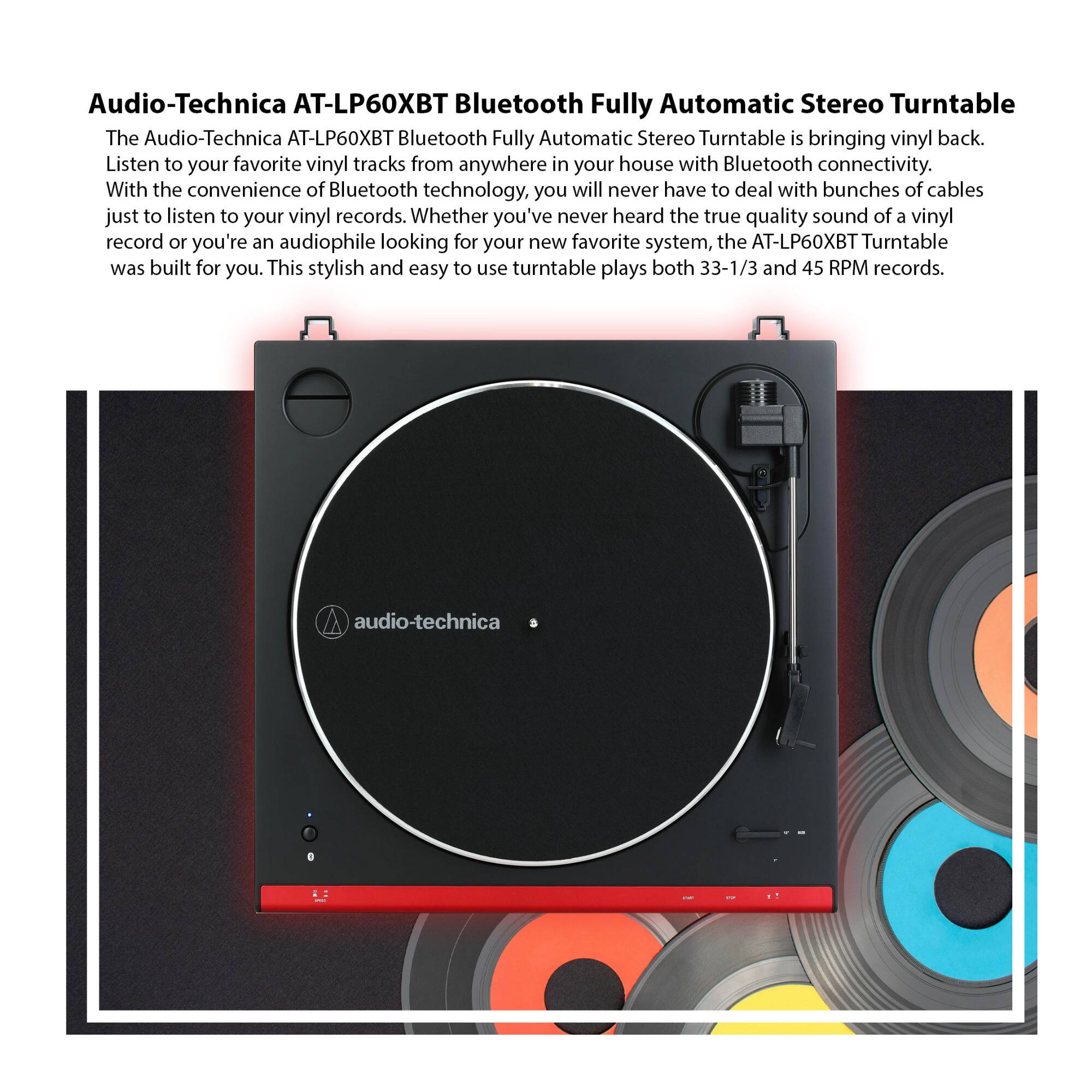 Audio-Technica AT-LP60XBT Bluetooth Fully Automatic Stereo Turntable

The Audio-Technica AT-LP60XBT Bluetooth Fully Automatic Stereo Turntable is bringing vinyl back. Listen to your favorite vinyl tracks from anywhere in your house with Bluetooth connectivity. With the convenience of Bluetooth technology, you will never have to deal with bunches of cables just to listen to your vinyl records. Whether you've never heard the true quality sound of a vinyl record or you're an audiophile looking for your new favorite system, the AT-LP60XBT Turntable was built for you. This stylish and easy to use turntable plays both 33-1/3 and 45 RPM records.
