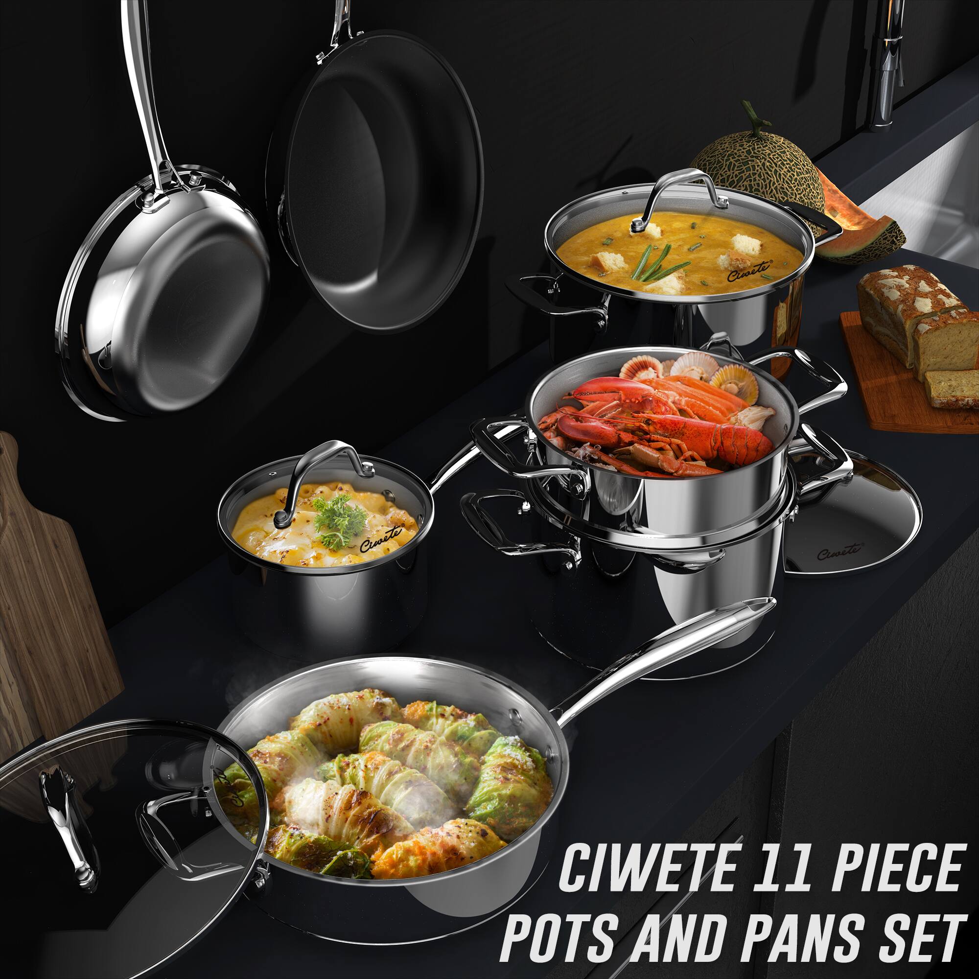 ZACHVO 11 Piece Tri Ply Stainless Steel Cookware Set Silver
