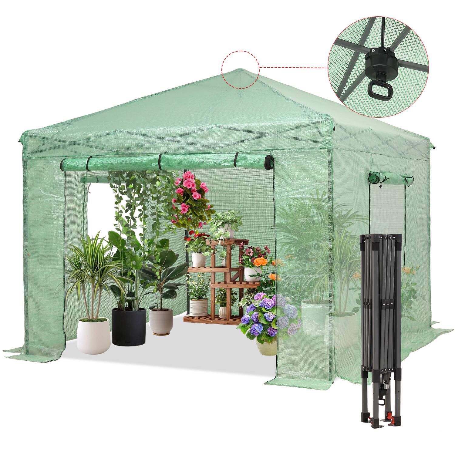 Front. Ainfox - Ainfox 8x8ft Instant Pop-up Greenhouse, Indoor Outdoor Plant Gardening Green House - green.