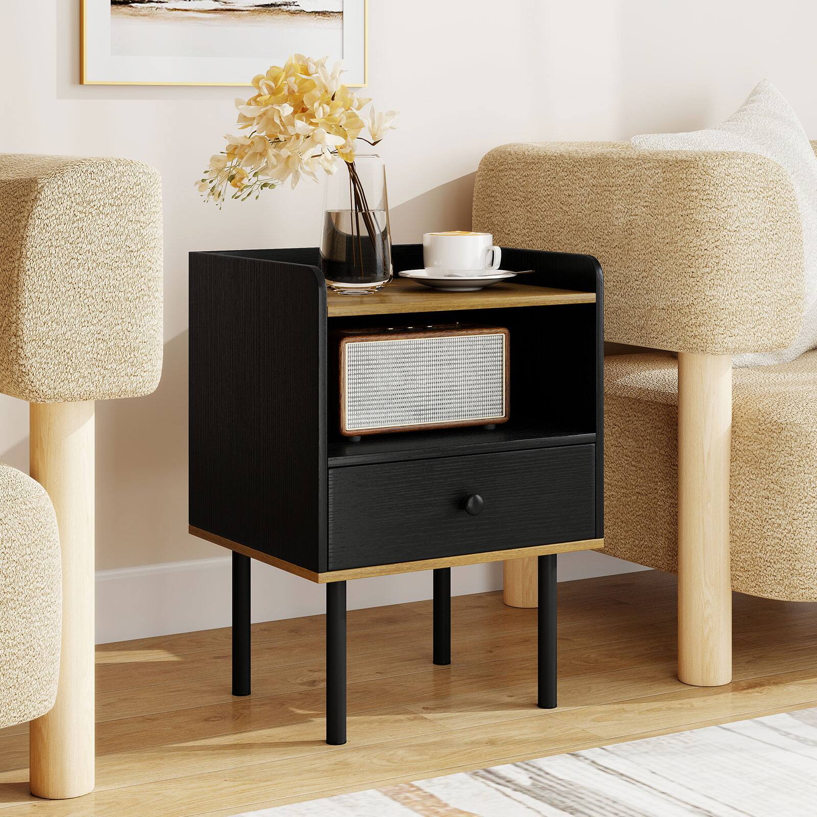 Alt View 1. Gymax - Gymax 2PCS 3-Tier Sofa Side Table w/ Open Storage Shelf Metal Legs for Living Room - Black & Natural.
