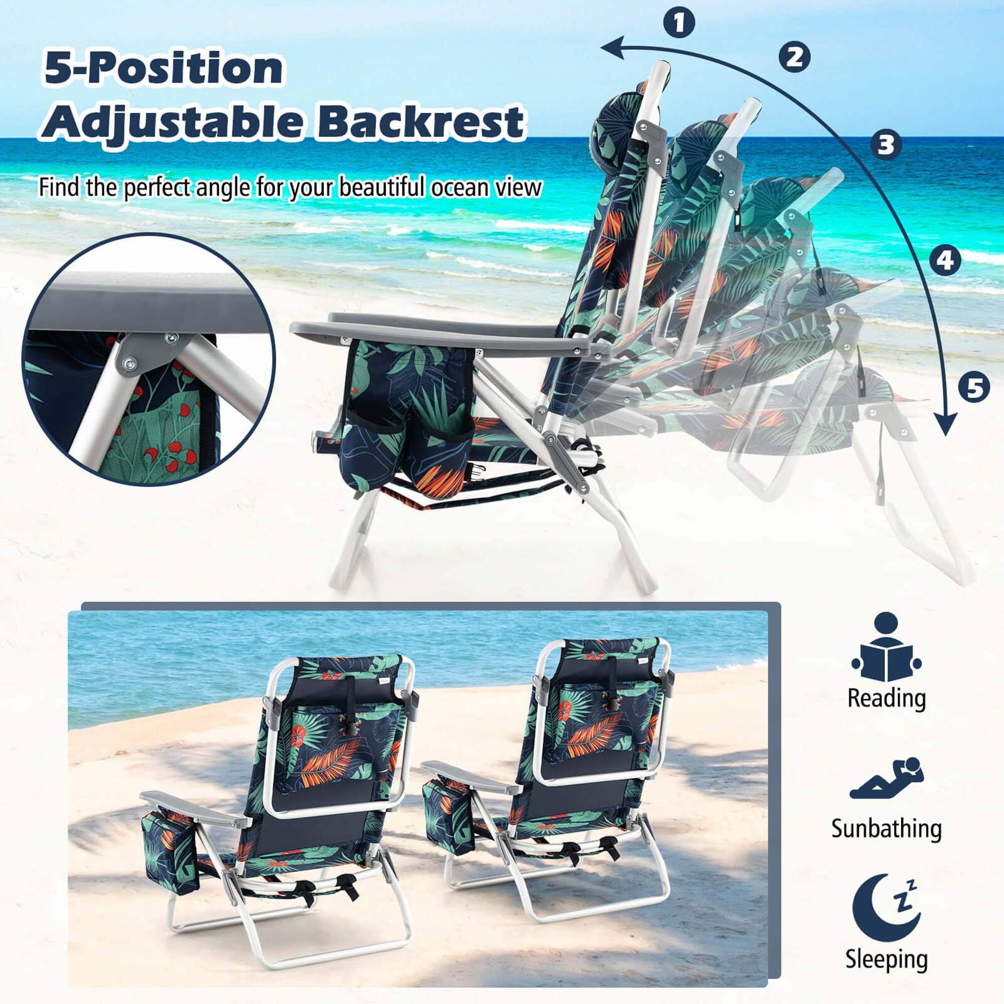 5-Position Adjustable Backrest: Find the perfect angle for your beautiful ocean view. 1. Reading 2. Sunbathing 3. Sleeping