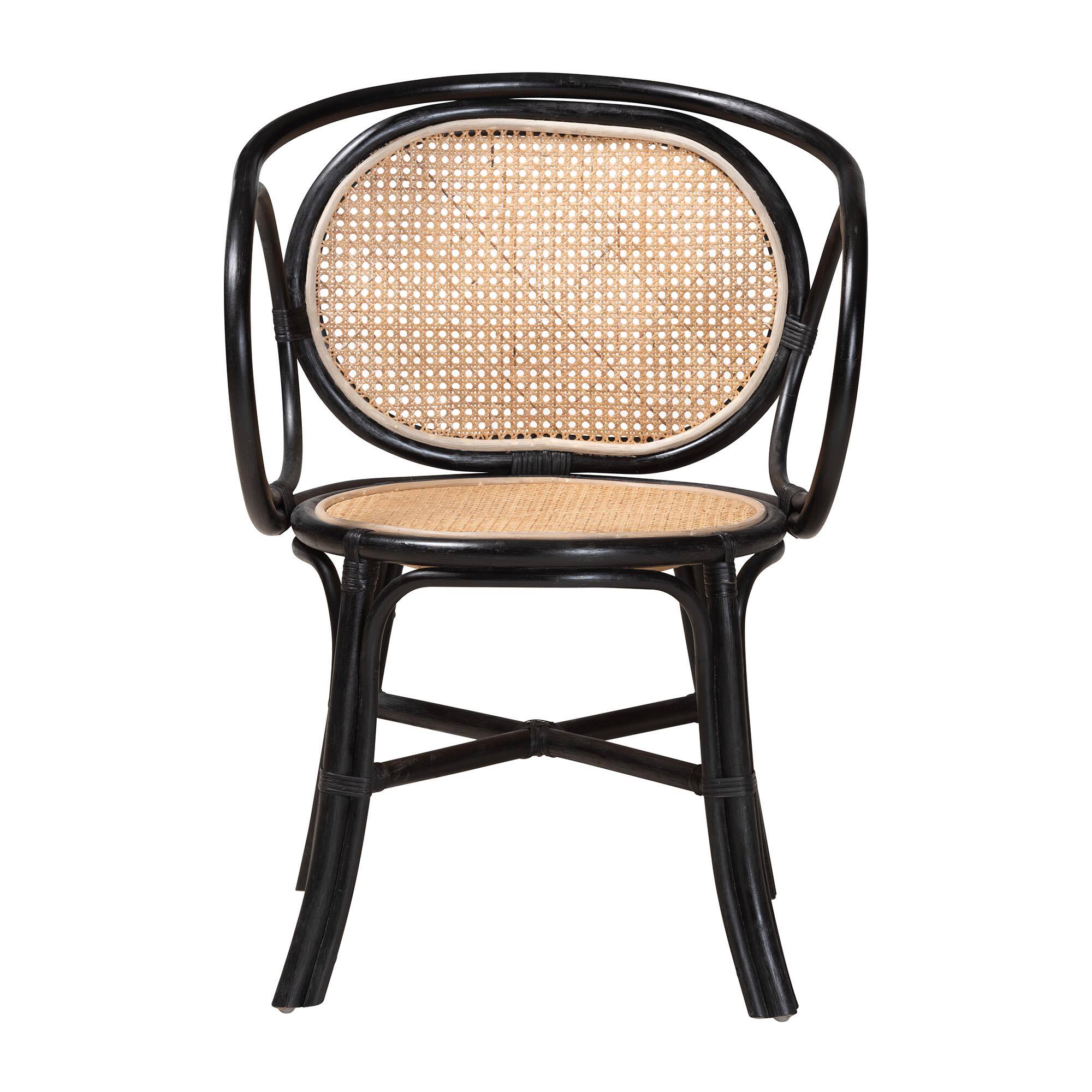 Angle. bali & pari - Palesa Modern Bohemian Two-Tone and  Rattan Dining Chair - Black/Natural Brown.