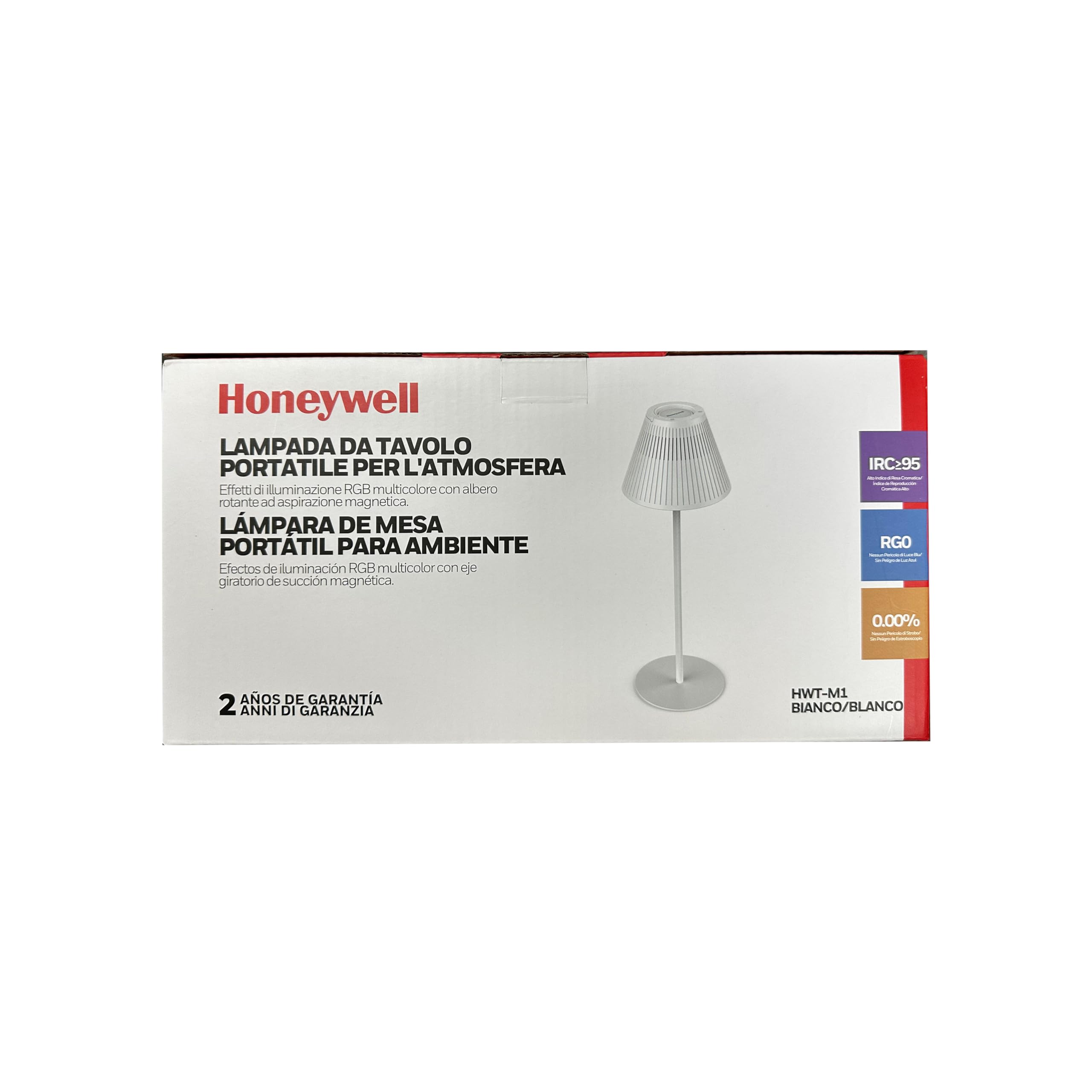 Honeywell LAMPADA DA TAVOLO PORTATILE PER L'ATMOSFERA Effetti di illuminazione RGB multicolore con albero rotante ad aspirazione magnetica. LAMPARA DE MESA PORTATIL PARA AMBIENTE Efectos de iluminación RGB multicolor con eje giratorio de succión magnética. IRC>95 RGO 0.00% 2 AÑOS DE GARANTÍA ANNI DI GARANZIA HWT-M1 BIANCO/BLANCO