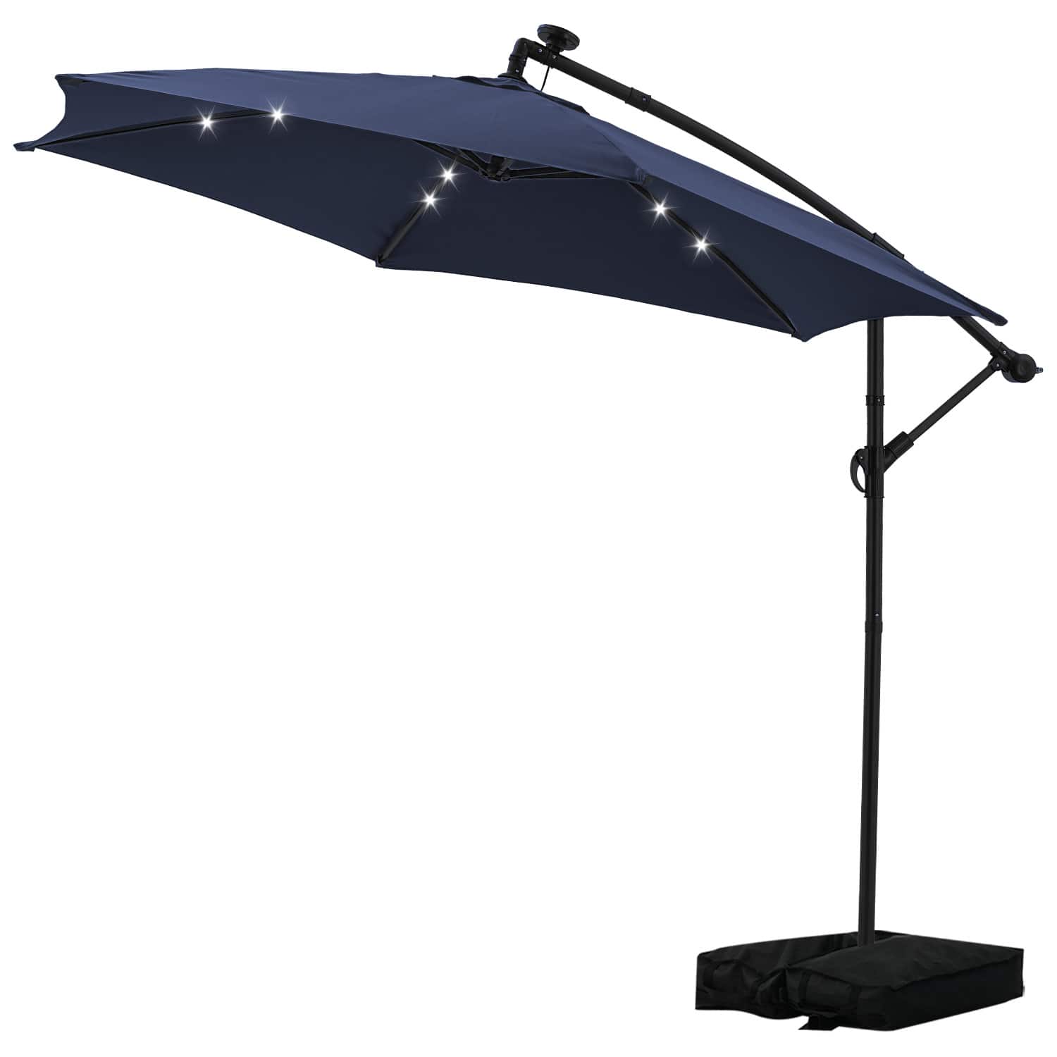 Ainfox - 10FT Solar LED Outdoor Patio Yard Offset Umbrella with Cross Base for Market,Garden,Deck,Backyard,Pool,with light - navy blue