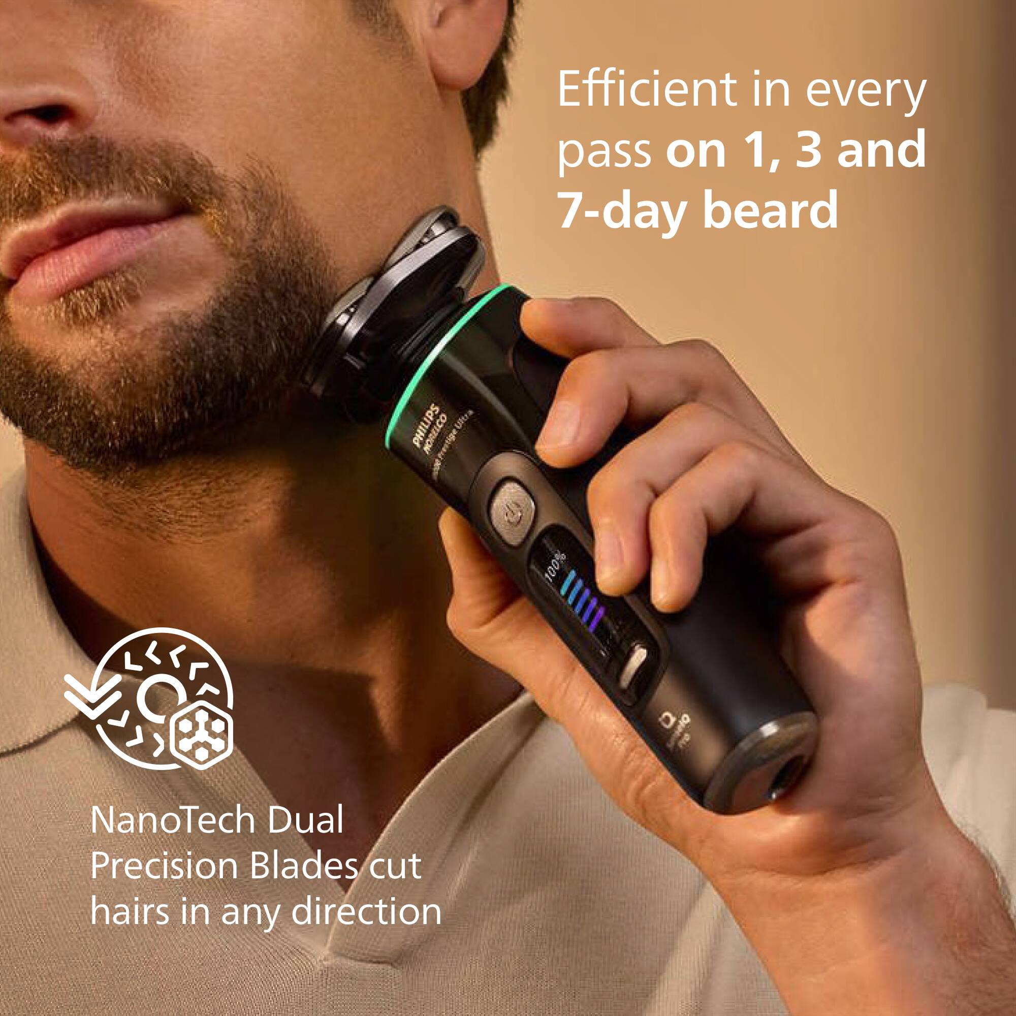 Efficient in every pass on 1, 3 and 7-day beard

PHILIPS

100%

NanoTech Dual Precision Blades cut hairs in any direction