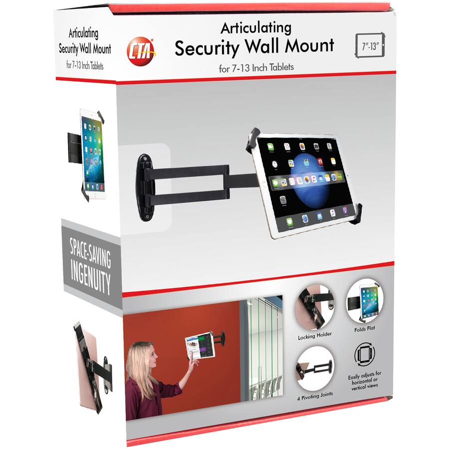 Articulating Security Wall Mount for 7-13 Inch Tablets

- 7"-13"
- SPACE-SAVING INGENUITY
- Locking Holder
- Folds Flat
- 4 Pivoting Joints
- Easily adjusts for horizontal or vertical views