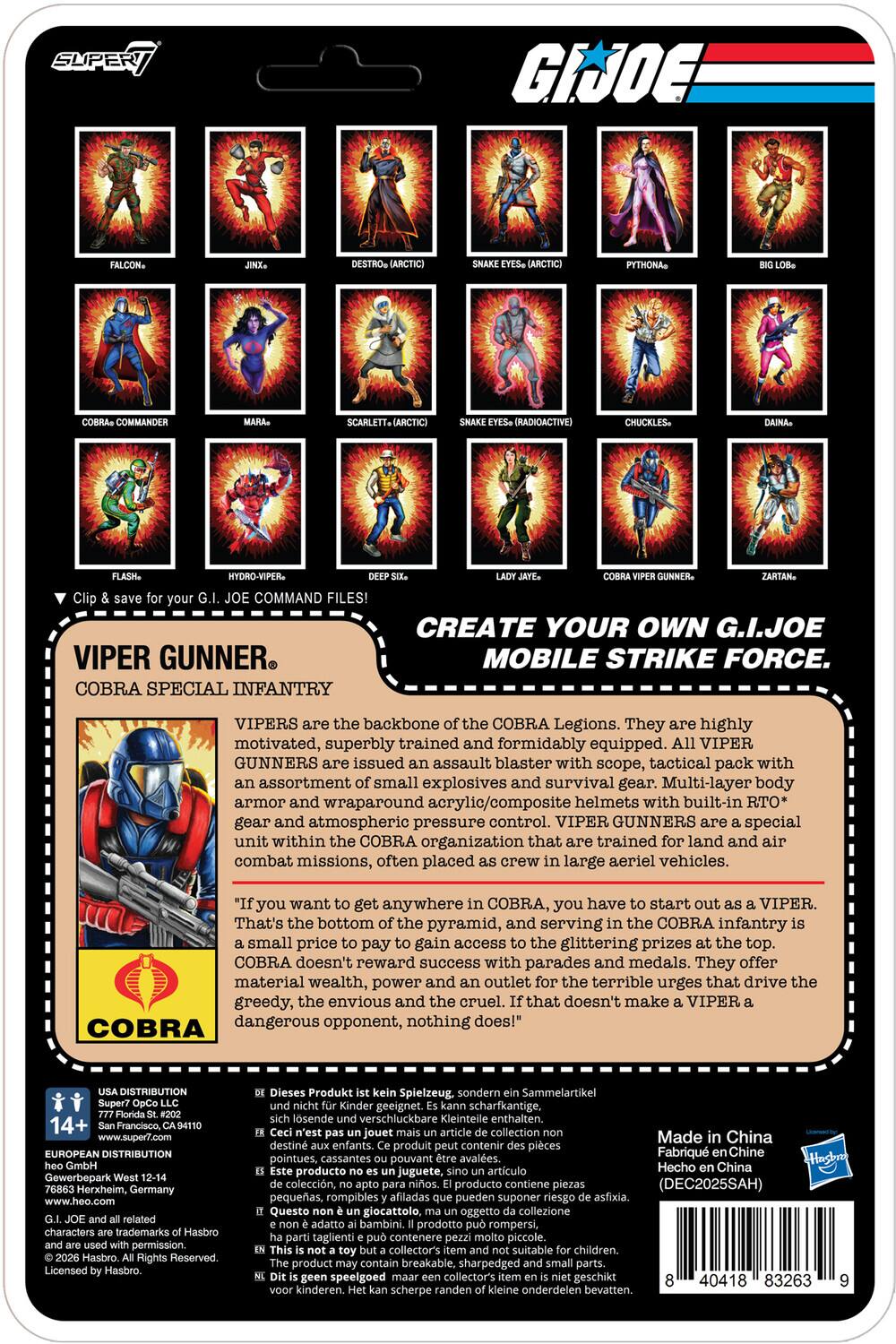 SUPER GI JOE COMMANDER (RADIOACTIVE) HYDRO-VIPER COMMAND FILES! VIPER GUNNER COBRA SPECIAL INFANTRY CREATE YOUR OWN G.I.JOE MOBILE STRIKE FORCE. VIPERS backbone COBRA Legions. They highly motivated, superbly trained formidably equipped. VIPER GUNNERS issued assault blaster with scope, tactical pack with assortment small explosives survival gear. Multi-layer body armor wraparound acrylic/composite helmets with built-in RTO* gear and atmospheric pressure control. VIPER GUNNERS special unit within COBRA organization that trained land combat missions, often placed crew large aeriel vehicles. you want anywhere COBRA, you have start VIPER. That's bottom pyramid, serving COBRA infantry small price pay gain access glittering prizes top. COBRA doesn't reward success with parades and medals. They offer material wealth, power and outlet terrible urges that drive greedy, envious cruel. that doesn't make VIPER dangerous opponent, nothing does!" COBRA DISTRIBUTION