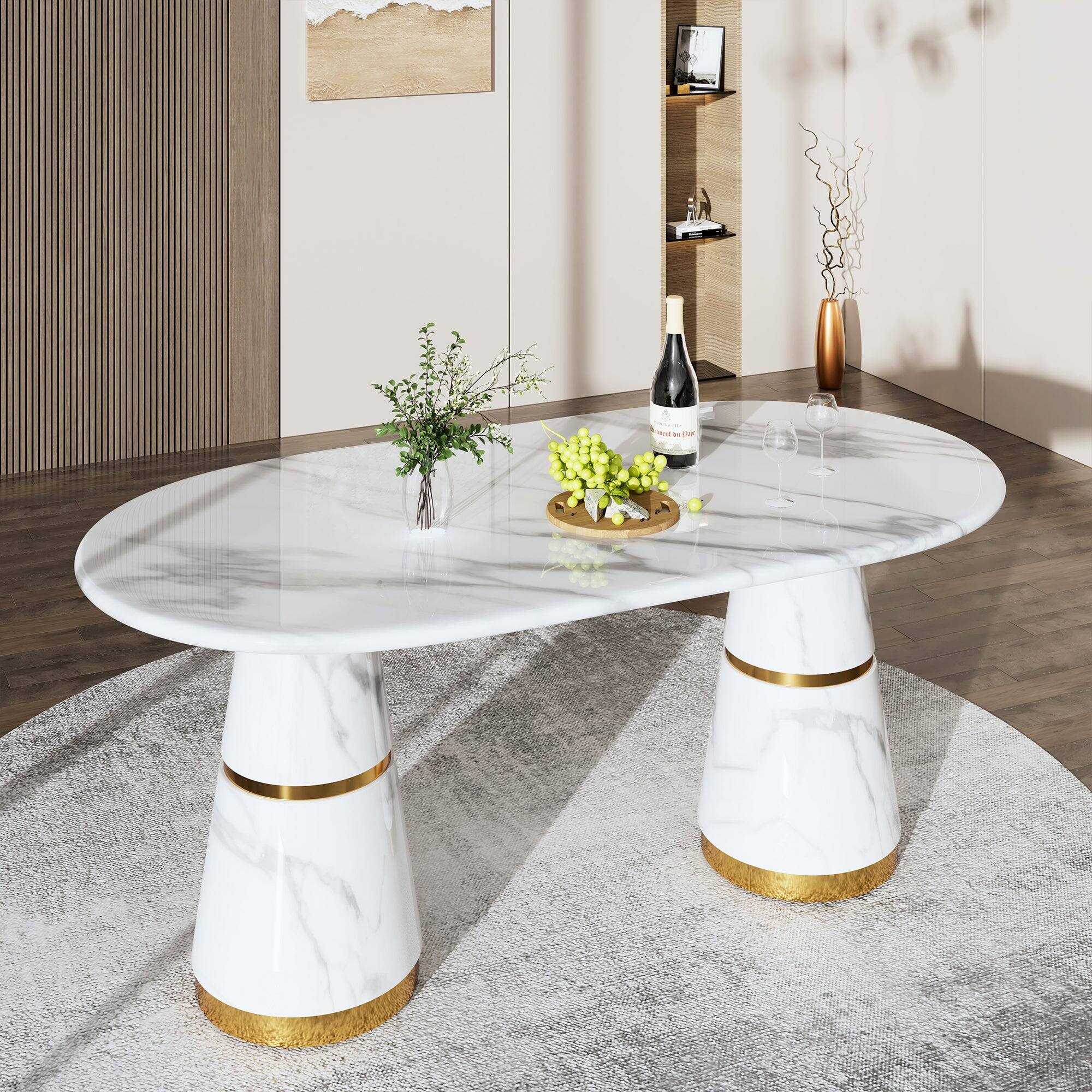 Alt View 3. Boyel Living - 70 Inch White Marble Double Pedestal Dining Table Seats 6 Modern Stainless Steel Base - White.