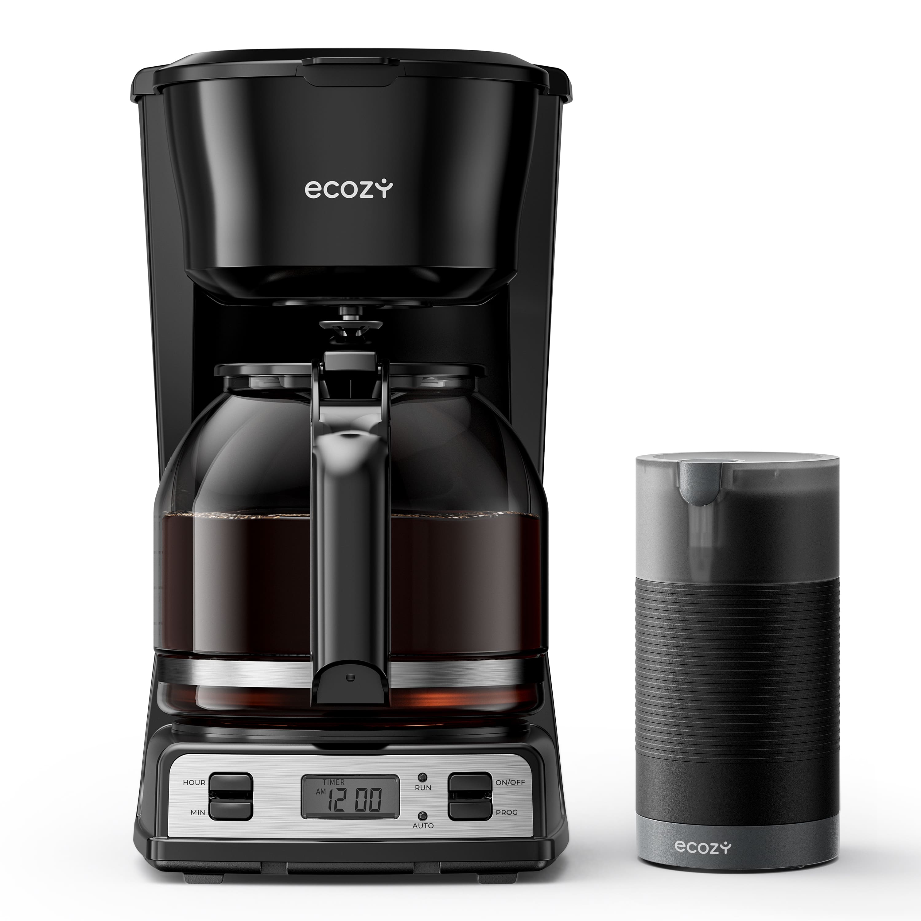 Ecozy - Programmable 12-Cup Coffee Maker with Grinder, Auto Brew, Auto Shutoff, Reusable Filter, Water Window - Black