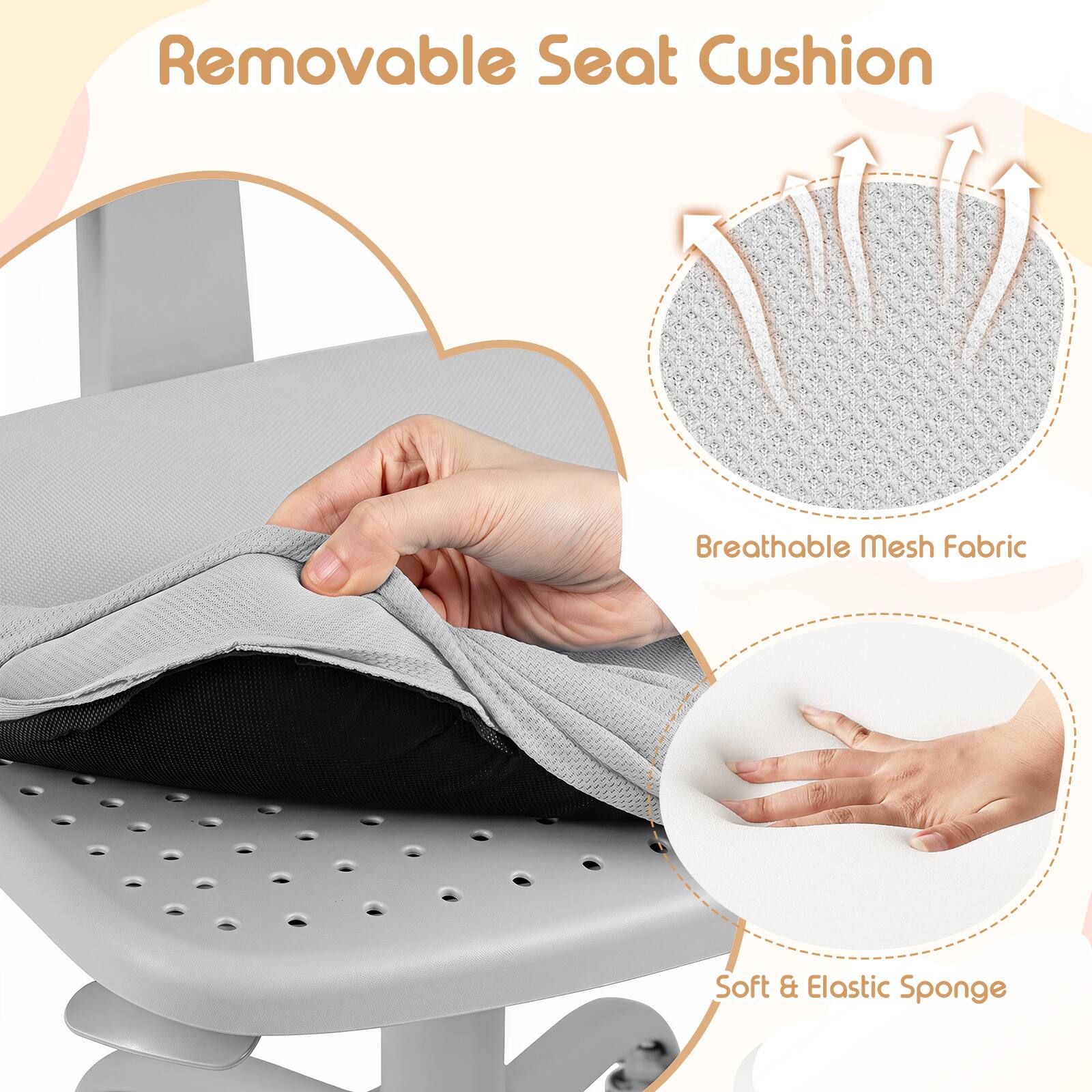 Removable Seat Cushion

Breathable Mesh Fabric

Soft & Elastic Sponge