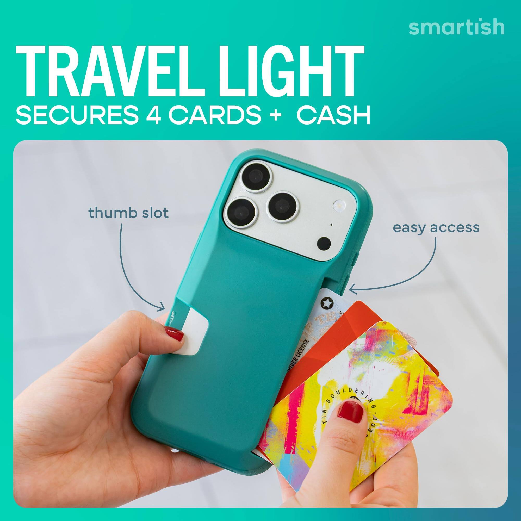 smartish TRAVEL LIGHT SECURES 4 CARDS + CASH  
thumb slot  
easy access  
TE LICENSE BURGERING TIN ECT