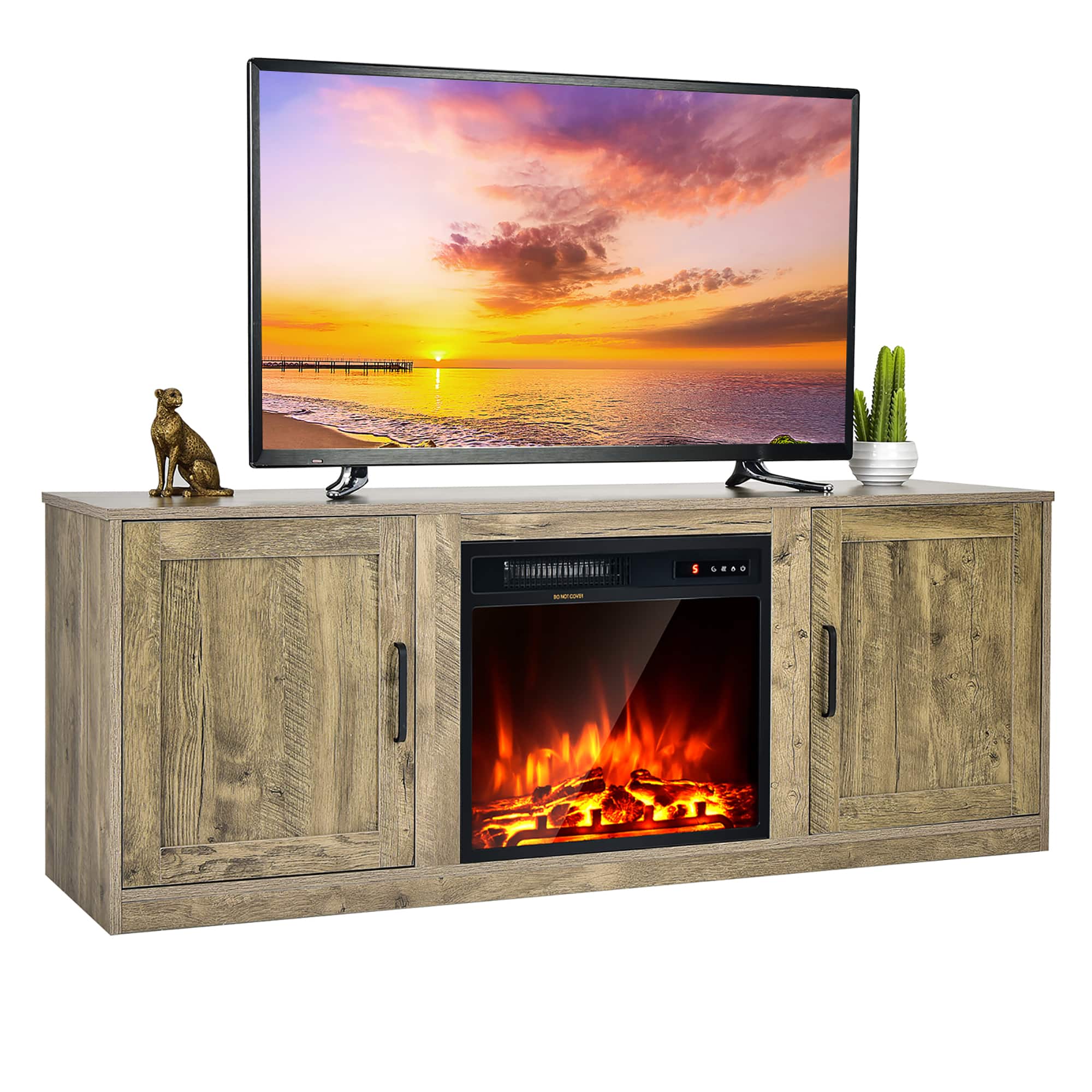 Costway - 58" Fireplace TV Stand Entertainment Console W/ 18" Electric Fireplace - Natural/Black