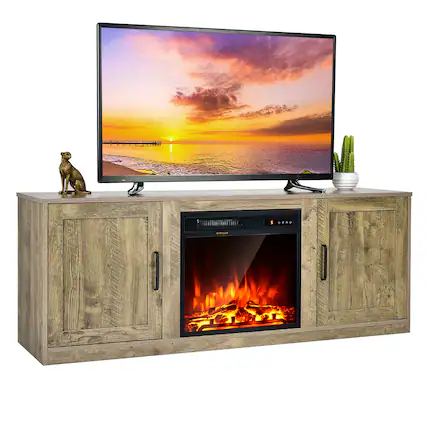 Front. Costway - Costway 58" Fireplace TV Stand Entertainment Console W/ 18" Electric Fireplace - Natural/Black.