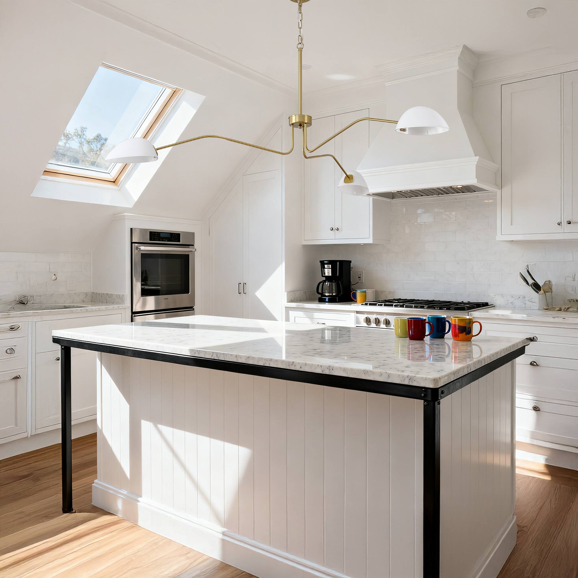 Left. RYHNUYNE - 3-Light Brass Chandelier Adjustable Mid-Century Pendant Light with Milky Glass Shades for Dining Rooms - Brass.