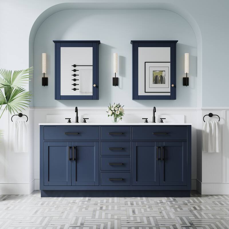 Back. WELLFOR - 72 in Solid Wood Bathroom Vanity with Double Sink,4 Doors,6 Drawers& Cultured Marble Countertop,Matte Black Handle - Navy Blue.