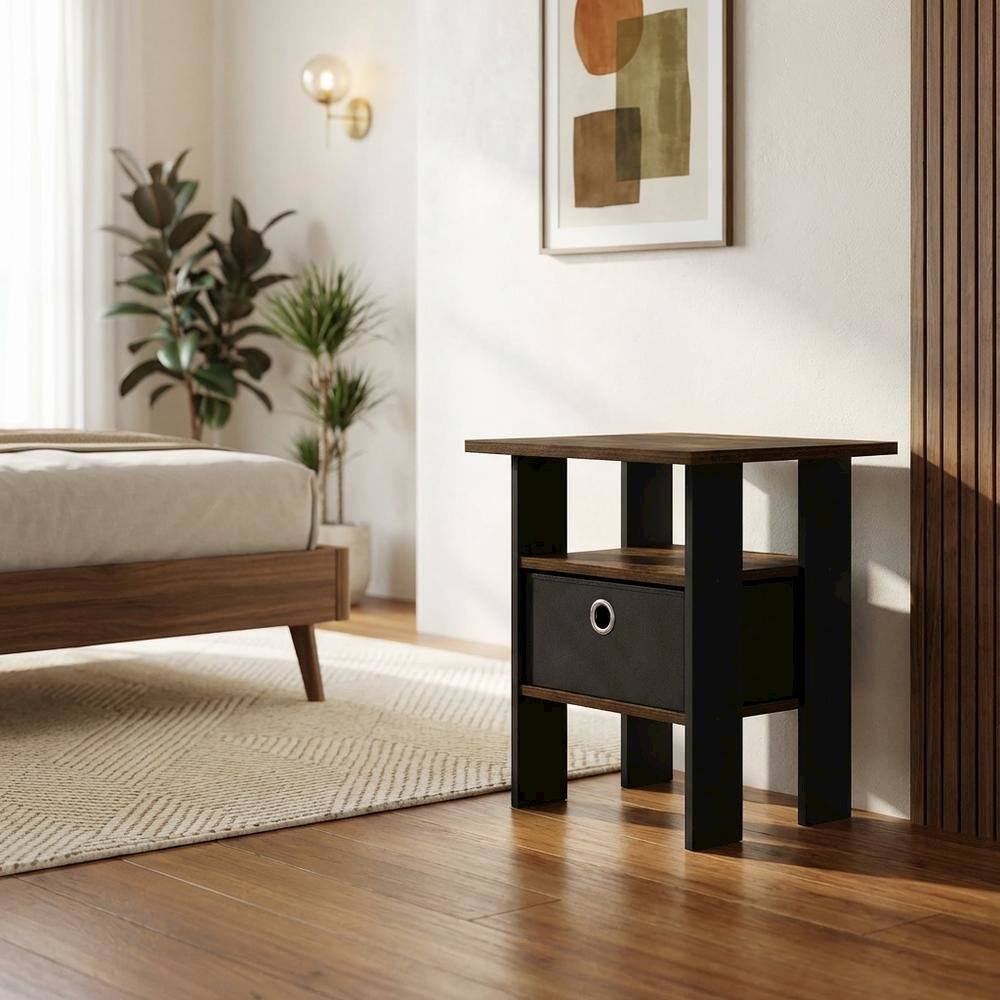 Left. FurniFact - Nightstand with Bin Drawer, Engineered Wood Frame for Cozy Bedroom Storage - Amber Pine/Black.